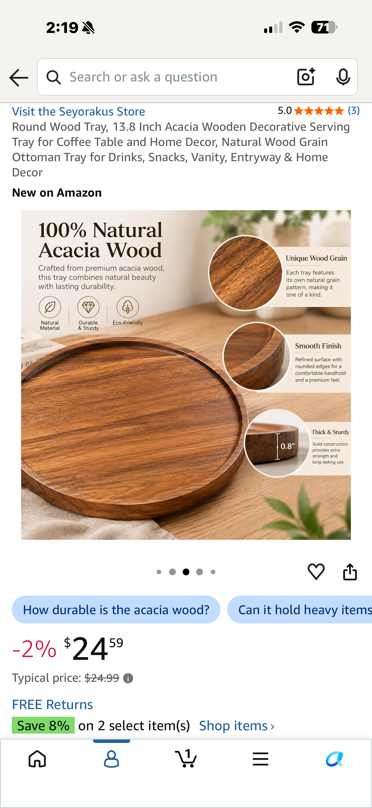 Round Wood Tray, 13.8 Inch Acacia Wooden Decorative Serving Tray