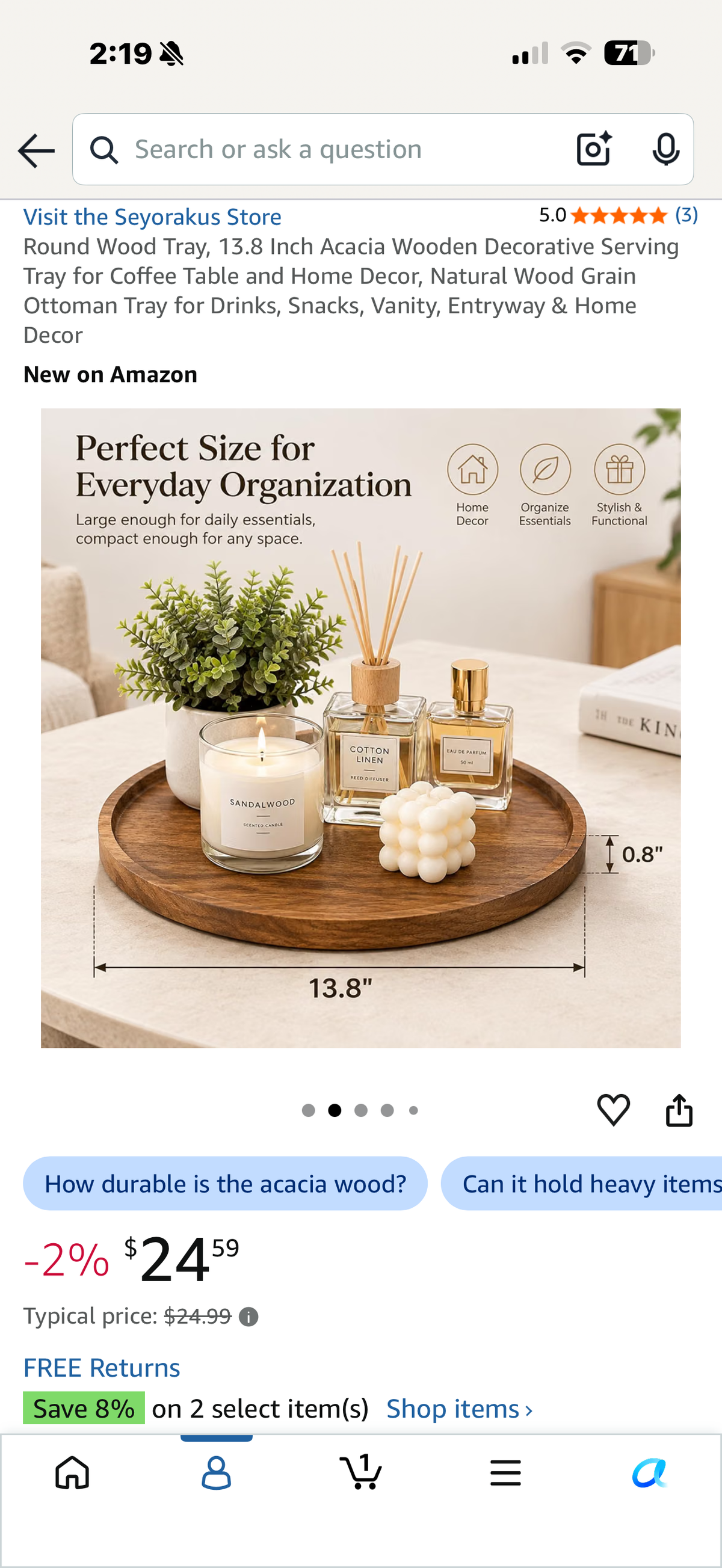 Round Wood Tray, 13.8 Inch Acacia Wooden Decorative Serving Tray