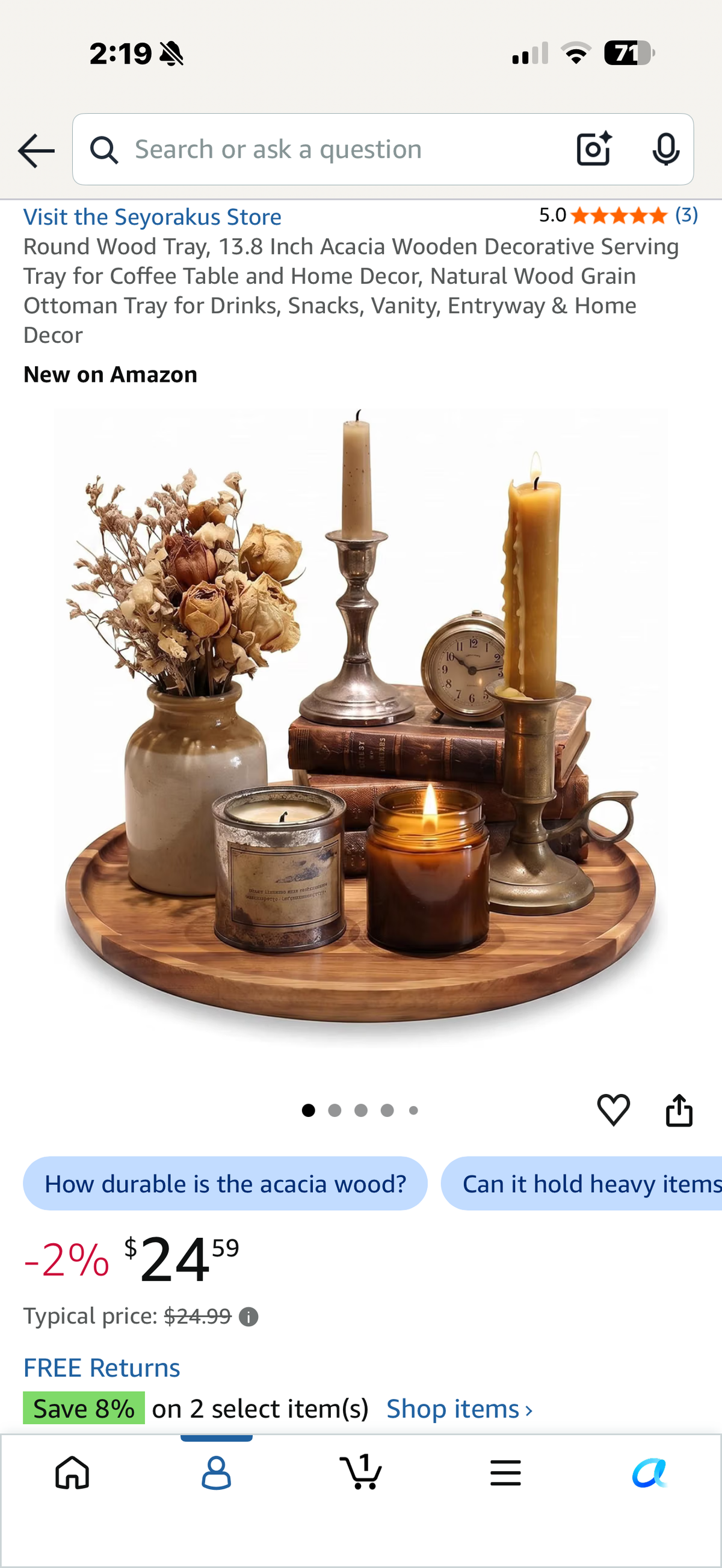 Round Wood Tray, 13.8 Inch Acacia Wooden Decorative Serving Tray
