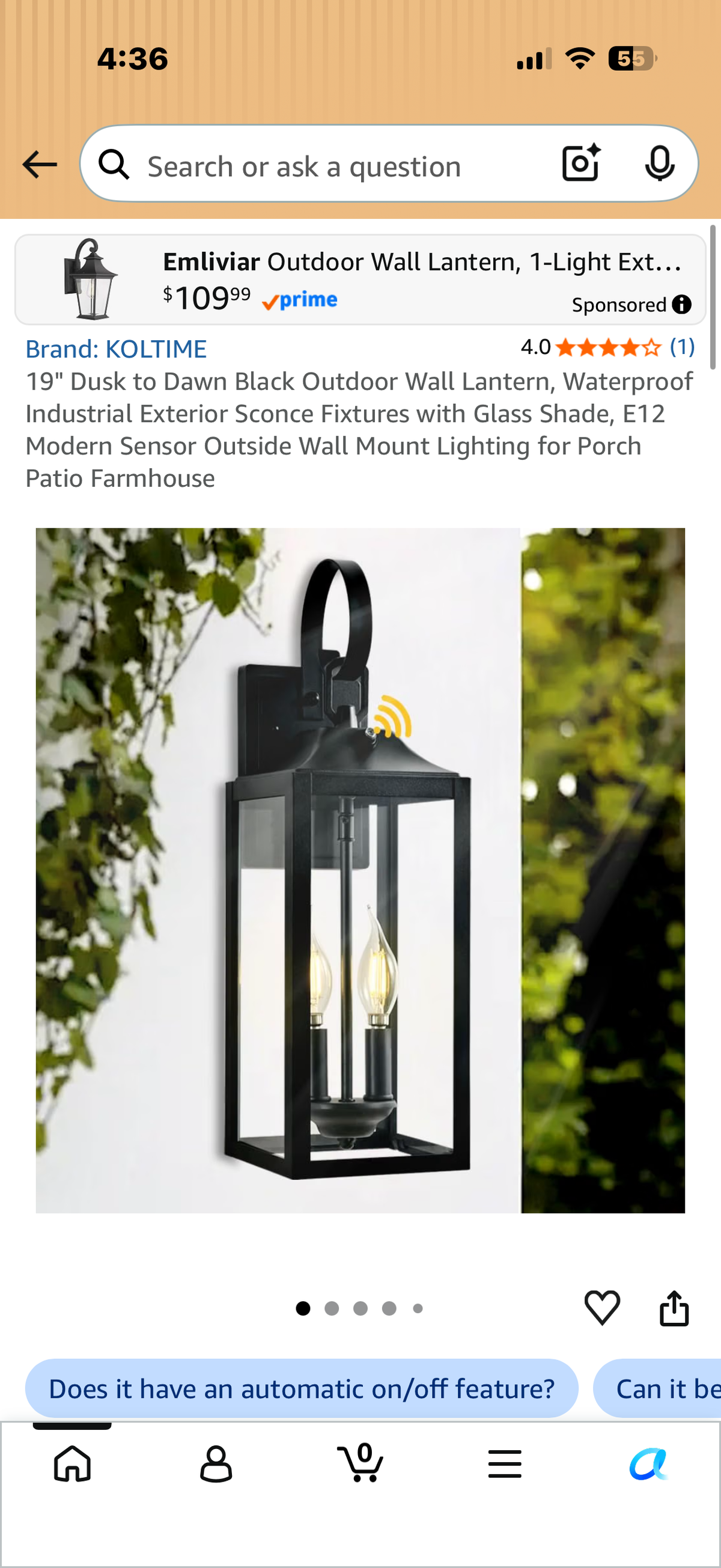19" Dusk to Dawn Black Outdoor Wall Lantern, Waterproof Industrial Exterior Sconce Fixtures with Glass Shade, ﻿E12 Modern Sensor Outside Wall Mount Lighting for Porch Patio Farmhouse