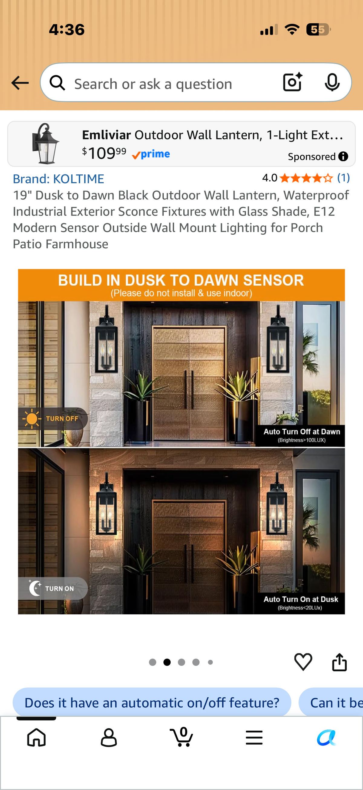19" Dusk to Dawn Black Outdoor Wall Lantern, Waterproof Industrial Exterior Sconce Fixtures with Glass Shade, ﻿E12 Modern Sensor Outside Wall Mount Lighting for Porch Patio Farmhouse