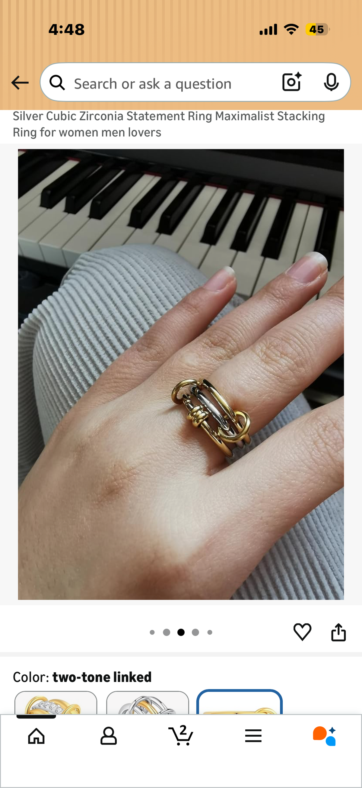 MQV Two Tone Link Connected Rings Interlocking Ring Gold Silver Cubic Zirconia Statement Ring Maximalist Stacking Ring (size 7)