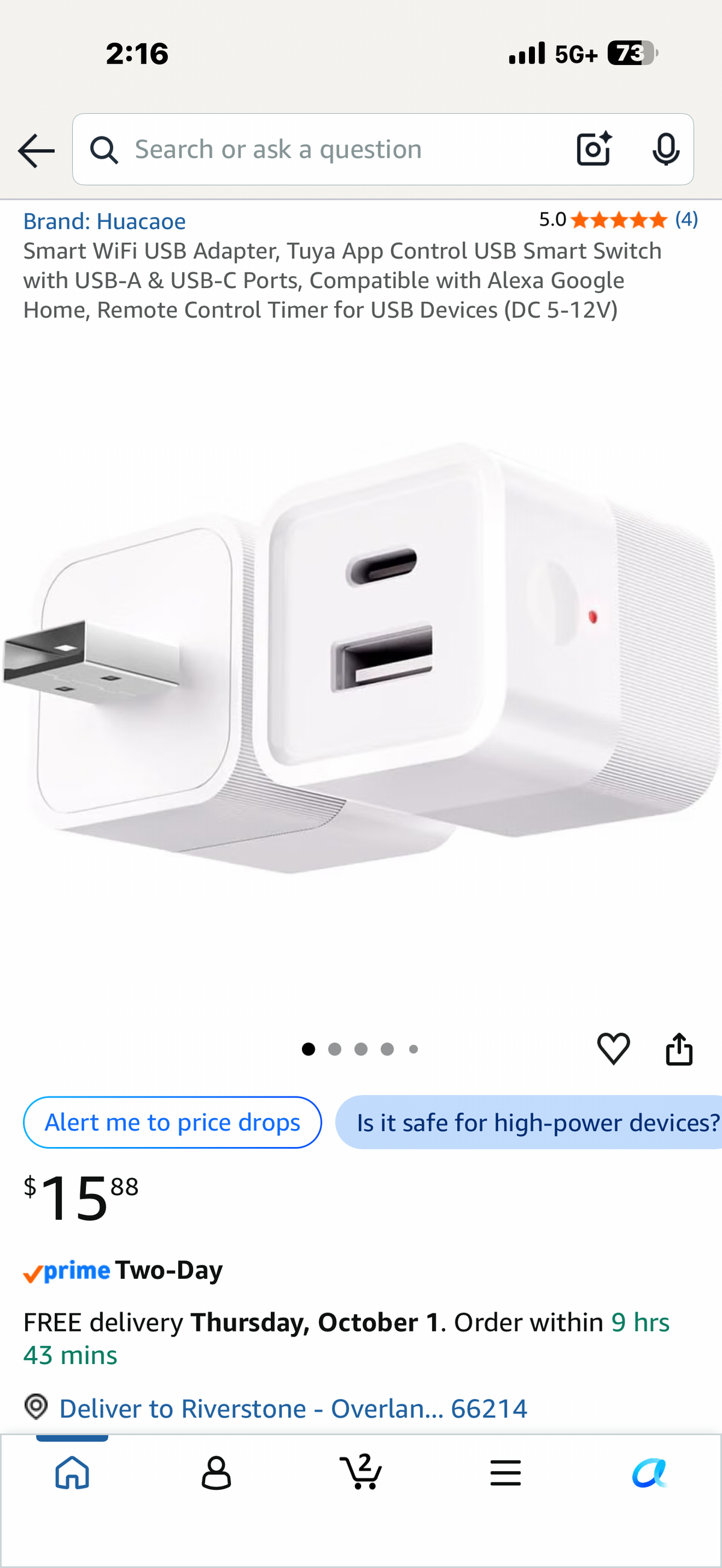Smart WiFi USB Adapter, Tuya App Control USB Smart Switch with USB-A & USB-C Ports, Compatible with Alexa Google Home, Remote Control Timer for USB Devices (DC 5-12V