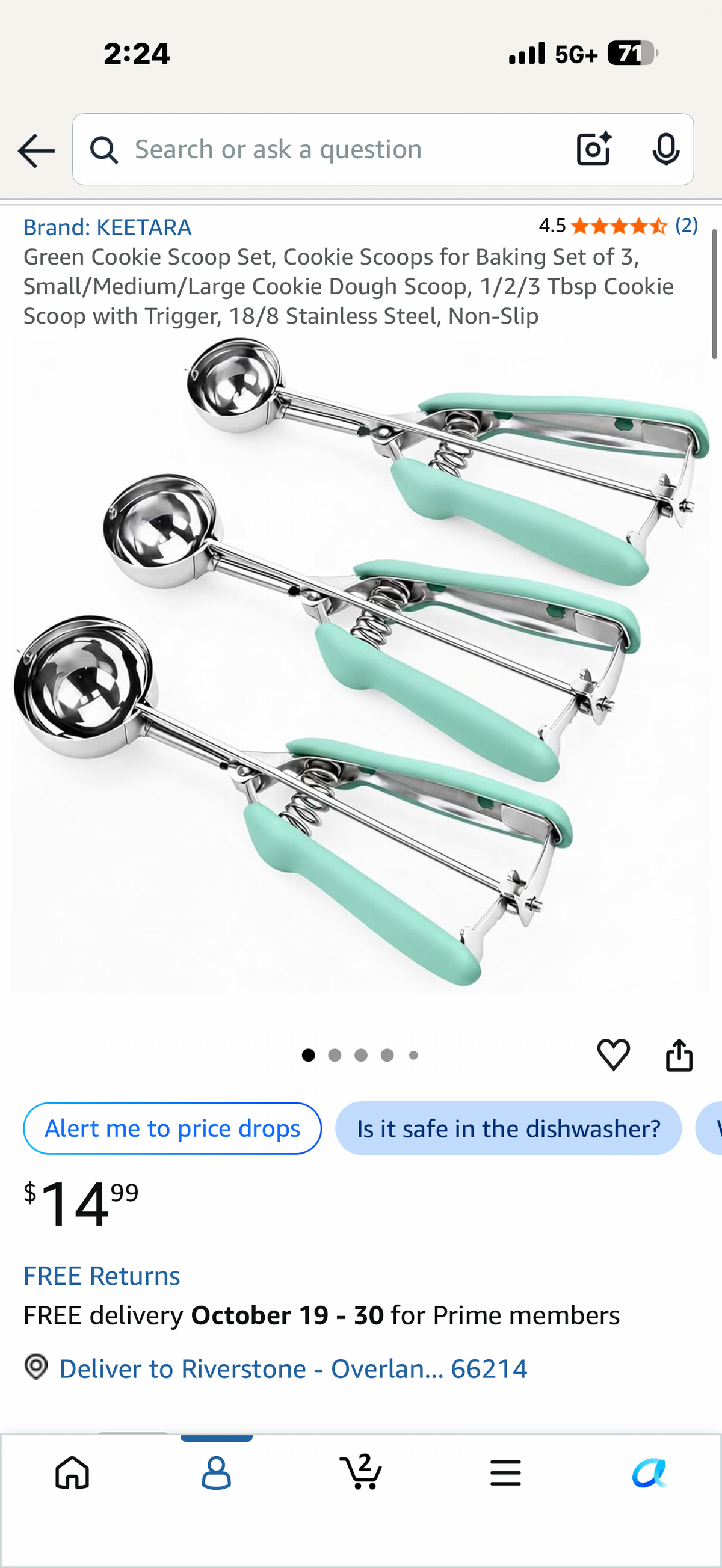 Green Cookie Scoop Set, Cookie Scoops for Baking Set of 3, Small/Medium/Large Cookie Dough Scoop, 1/2/3 Tbsp Cookie Scoop with Trigger, 18/8 Stainless Steel, Non-Slip