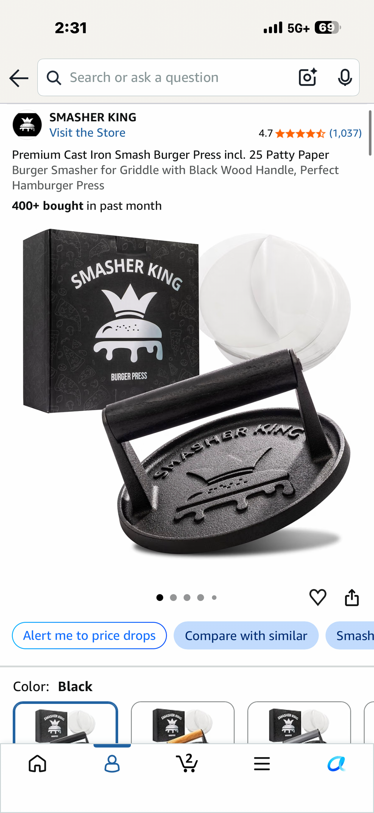Premium Cast Iron Smash Burger Press incl. 25 Patty Paper Burger Smasher for Griddle with Black Wood Handle, Perfect Hamburger Press