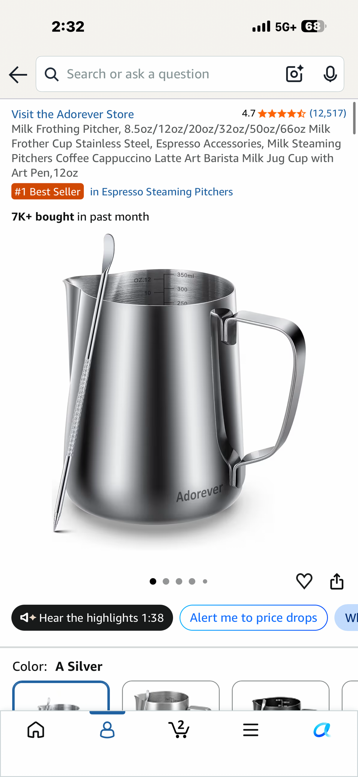 Milk Frothing Pitcher, 8.5oz/12oz/20oz/32oz/50oz/66oz Milk Frother Cup Stainless Steel, Espresso Accessories, Milk Steaming Pitchers loopCoffee Cappuccino Latte Art Barista Milk Jug Cup