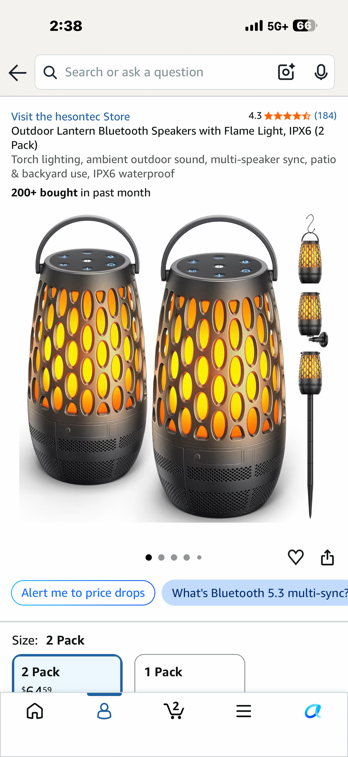 Outdoor Lantern Bluetooth Speakers with Flame Light, IPX6 (2 Pack) Torch lighting, ambient outdoor sound, multi-speaker sync, patio & backyard use, IPX6 waterproof