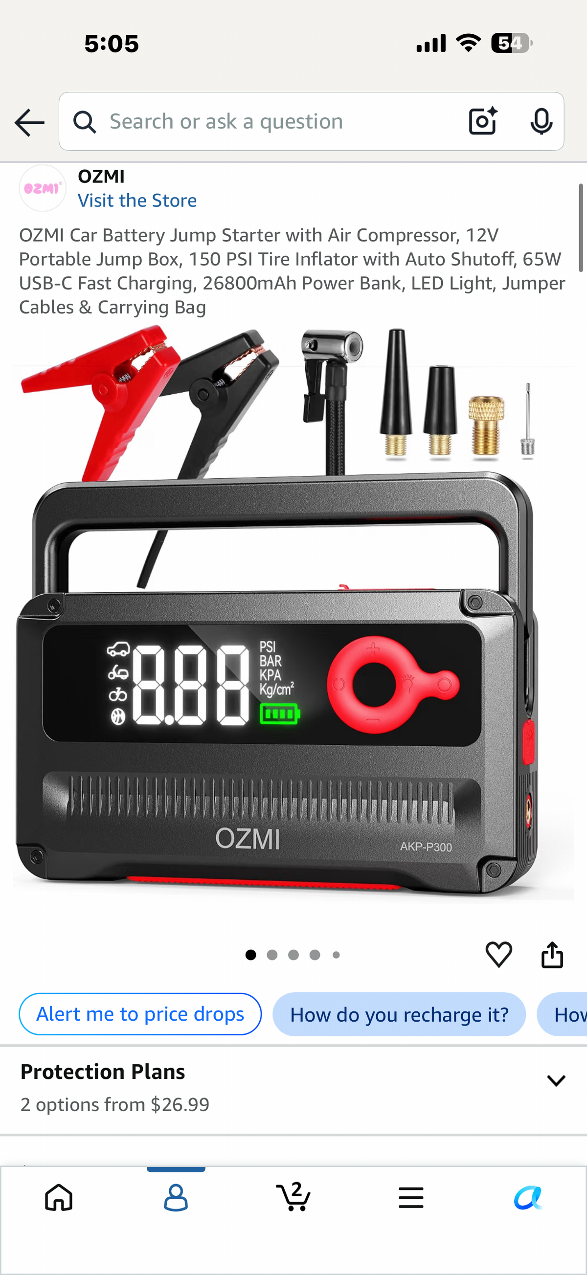 OZMI Car Battery Jump Starter with Air Compressor, 12V Portable Jump Box, 150 PSI Tire Inflator with Auto Shutoff, 65W USB-C Fast Charging, 26800mAh Power Bank, LED Light, Jumper Cables & Carrying Bag