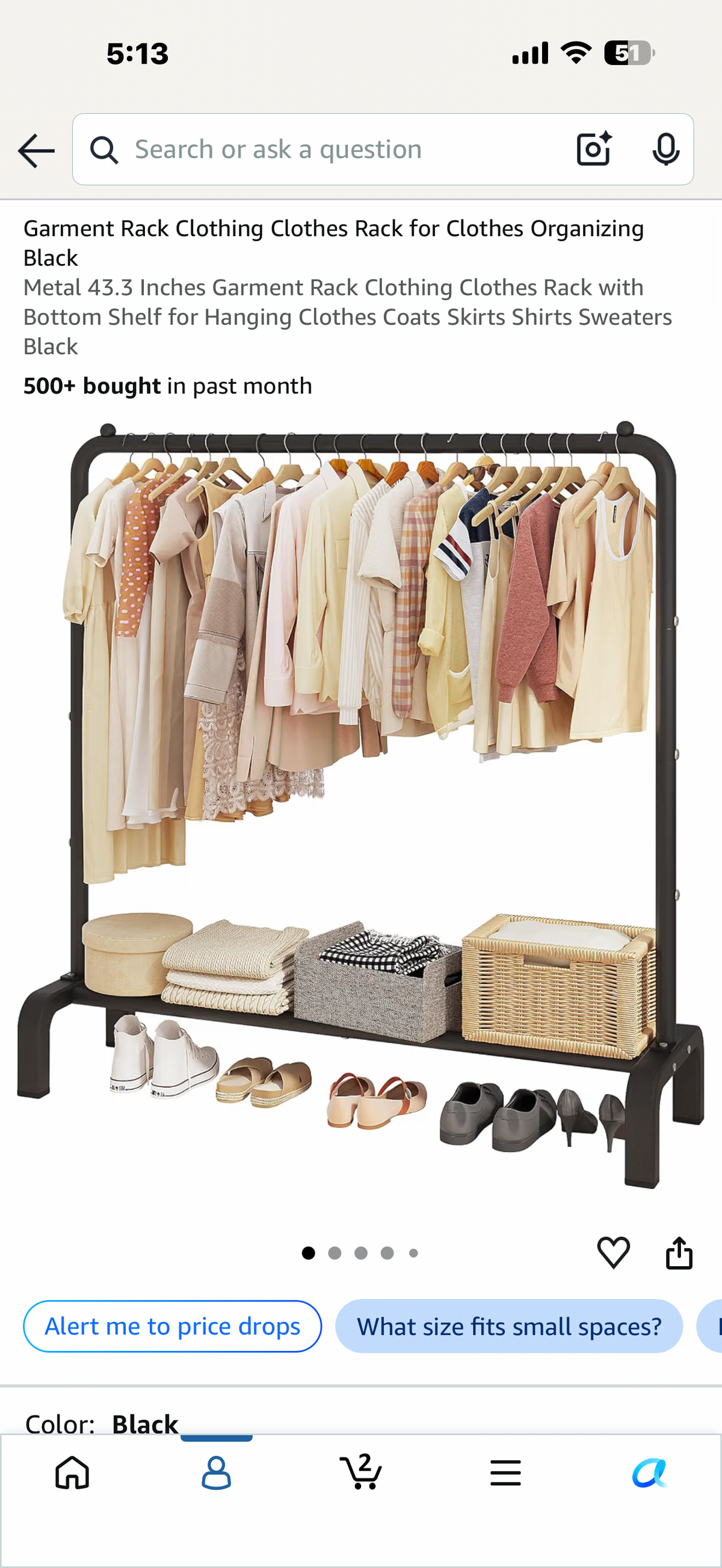 Metal 43.3 Inches Garment Rack Clothing Clothes Rack with Bottom Shelf for Hanging Clothes Coats Skirts Shirts Sweaters Black