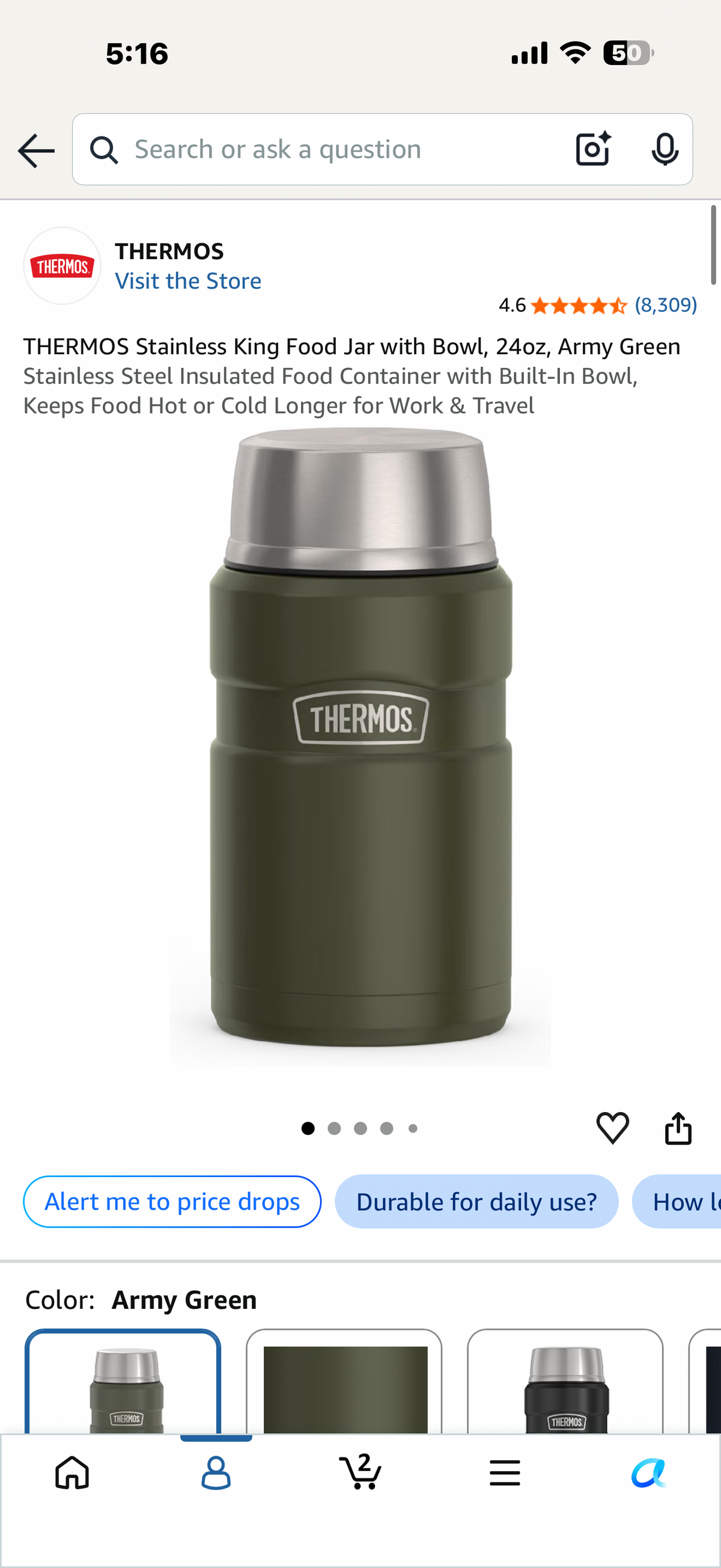 THERMOS Stainless King Food Jar with Bowl, 24oz, Army Green Stainless Steel Insulated Food Container with Built-In Bowl, Keeps Food Hot or Cold Longer for Work & Travel