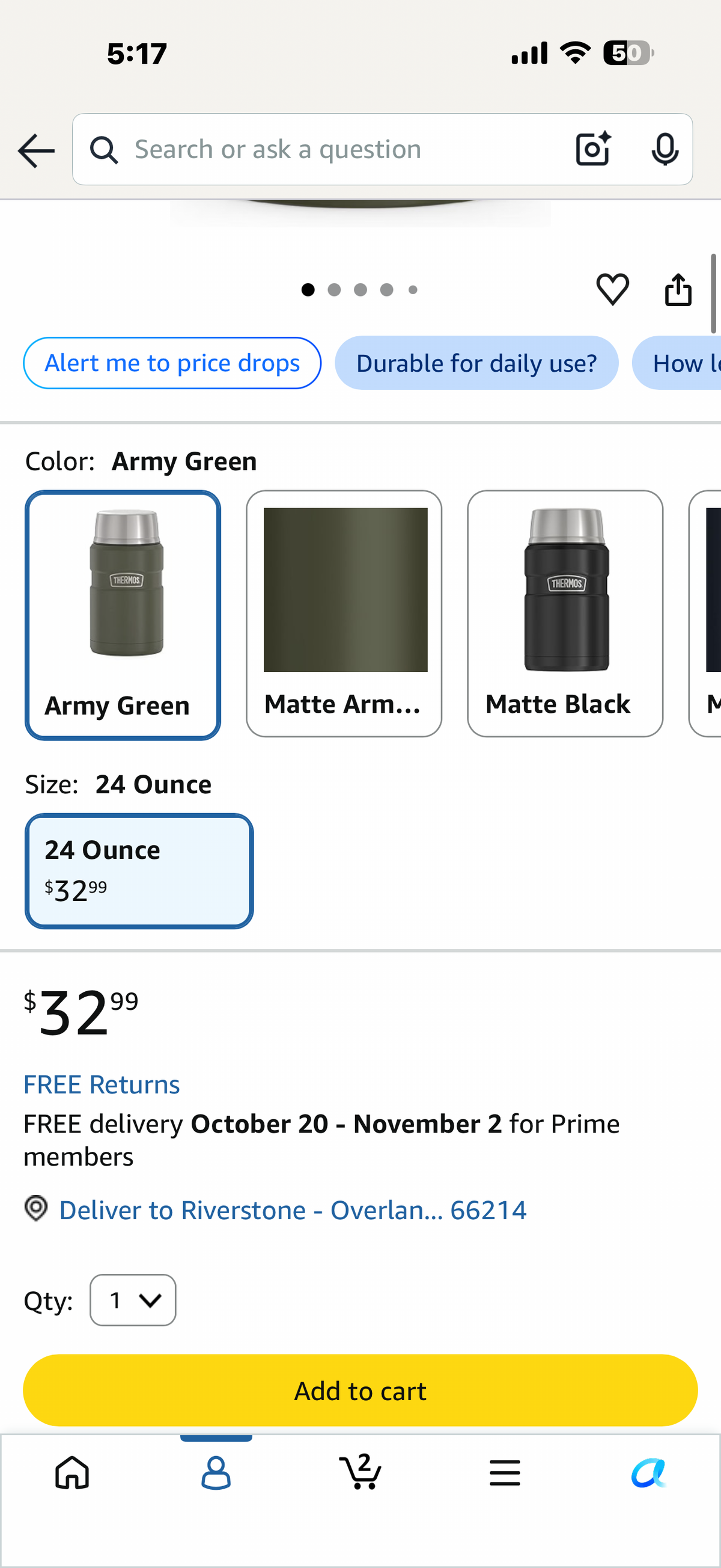 THERMOS Stainless King Food Jar with Bowl, 24oz, Army Green Stainless Steel Insulated Food Container with Built-In Bowl, Keeps Food Hot or Cold Longer for Work & Travel