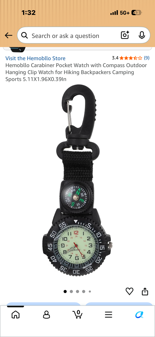 Hemobllo Carabiner Pocket Watch with Compass Outdoor Hanging Clip Watch for Hiking Backpackers Camping Sports 5.11X1.96X0.39In
