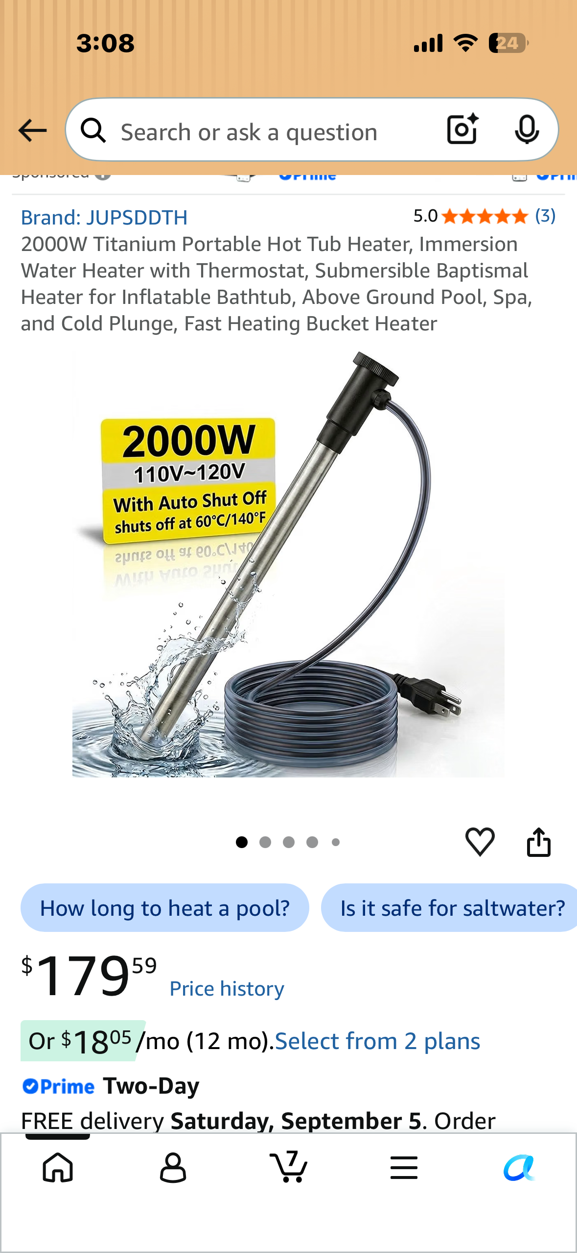 2000W Titanium Portable Immersion Heater with Thermostat, Submersible Heater for Inflatable Bathtub, Above Ground Pool, Spa, and Cold Plunge, Fast Heating Bucket Heateru