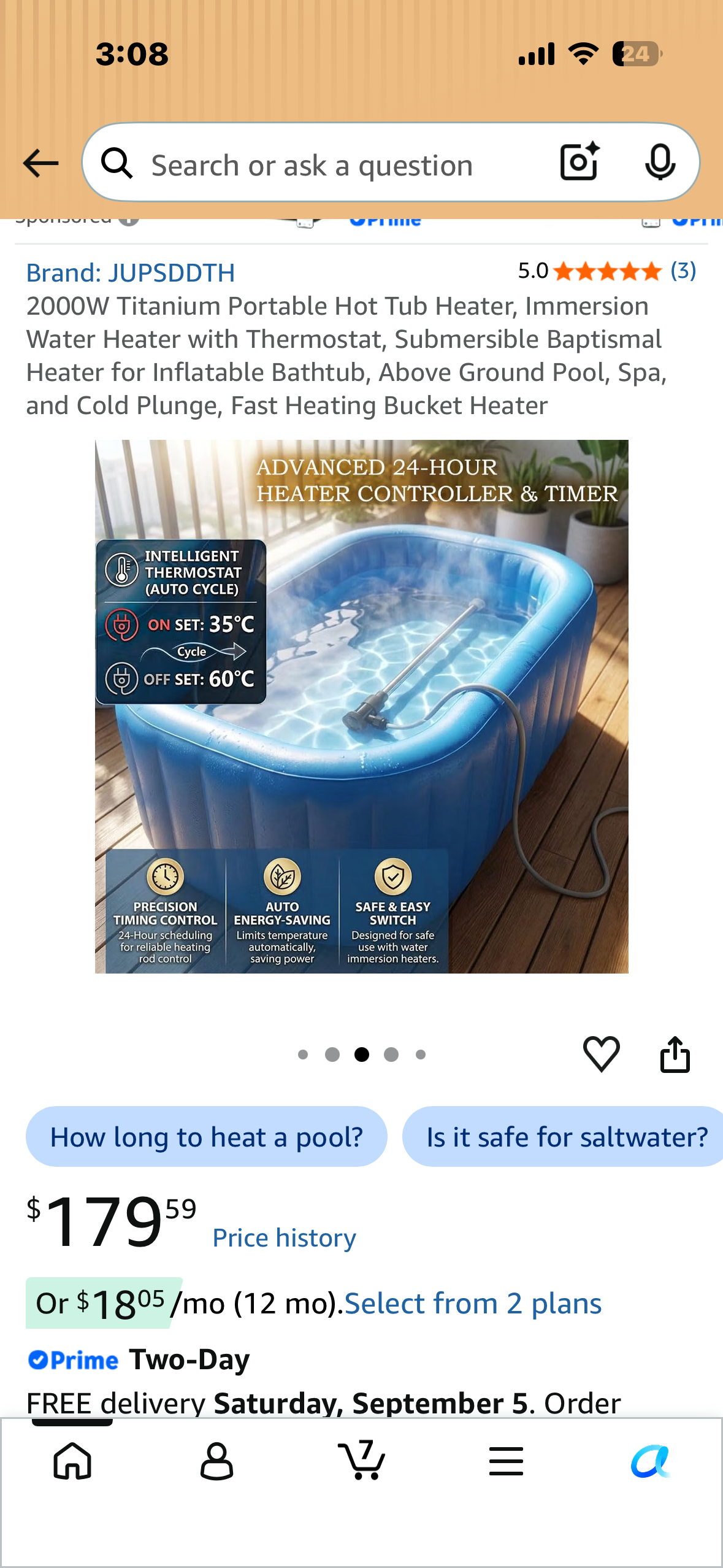 2000W Titanium Portable Immersion Heater with Thermostat, Submersible Heater for Inflatable Bathtub, Above Ground Pool, Spa, and Cold Plunge, Fast Heating Bucket Heateru