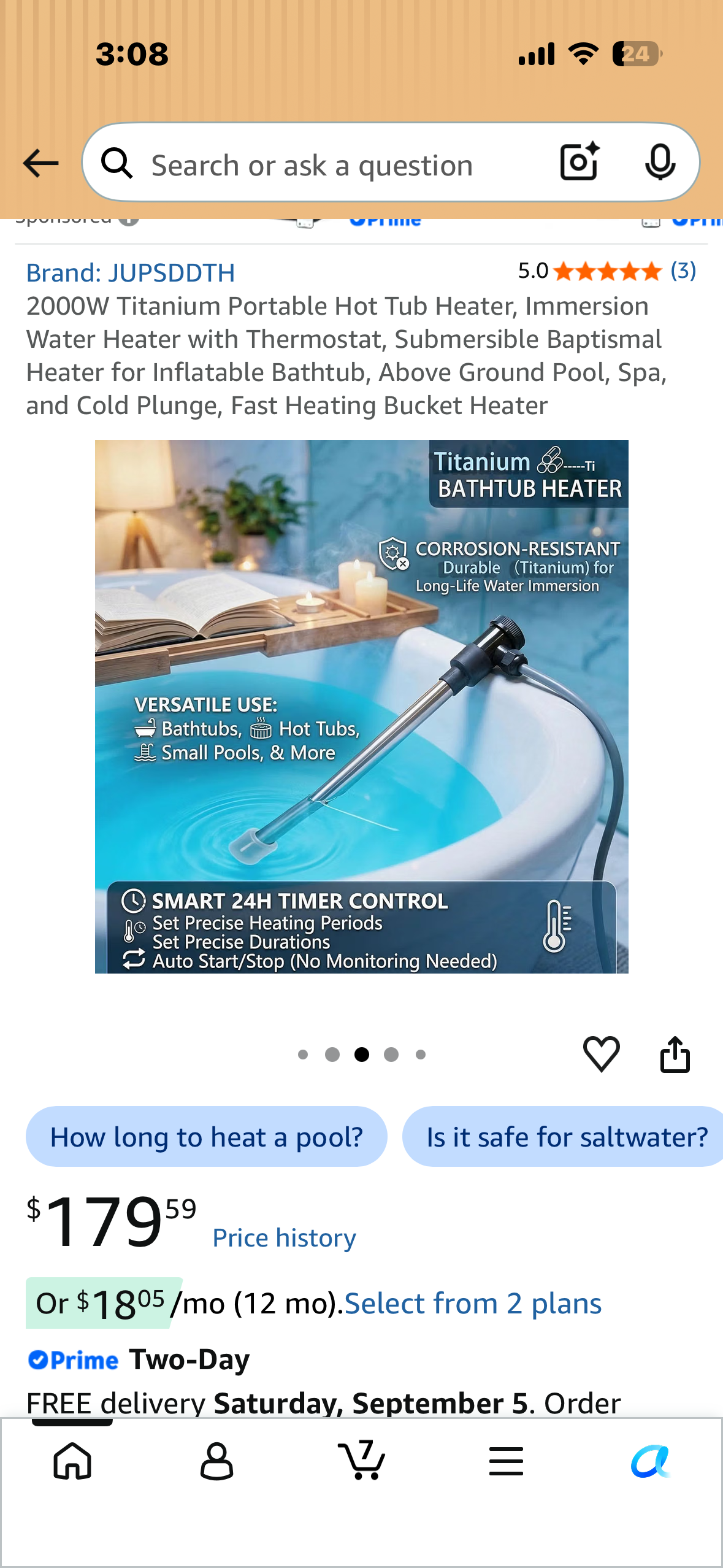 2000W Titanium Portable Immersion Heater with Thermostat, Submersible Heater for Inflatable Bathtub, Above Ground Pool, Spa, and Cold Plunge, Fast Heating Bucket Heateru