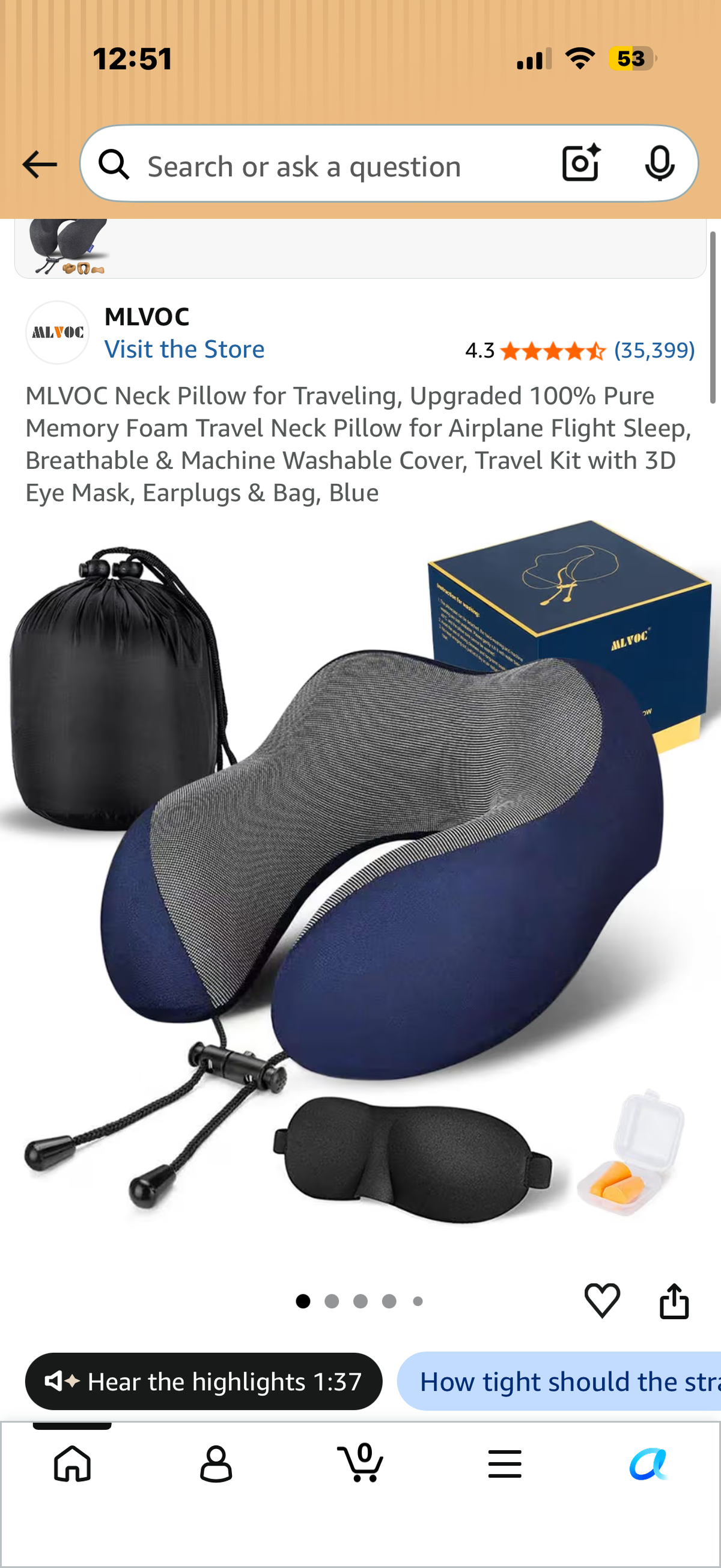 MLVOC Neck Pillow for Traveling, Upgraded 100% Pure Memory Foam Travel Neck Pillow for Airplane Flight Sleep, Breathable & Machine Washable Cover, Travel Kit with 3D Eye Mask, Earplugs & Bag, Blue