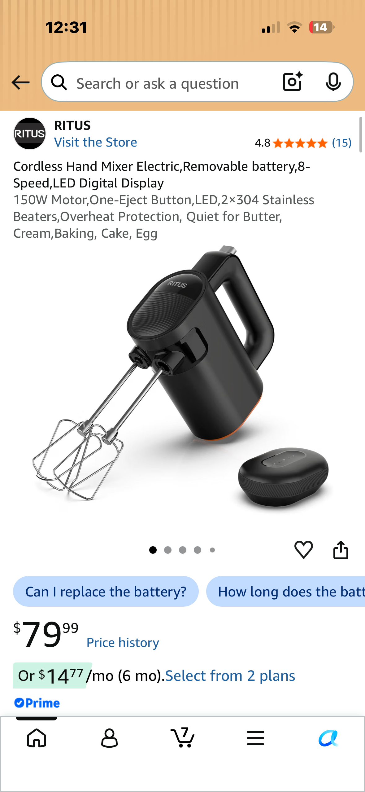 Cordless Electric Hand Mixer, Removable battery, 8-Speed, LED Digital Display, 150W Motor, One-Eject Button, LED,2×304, Stainless Beaters,Overheat Protection, Quiet