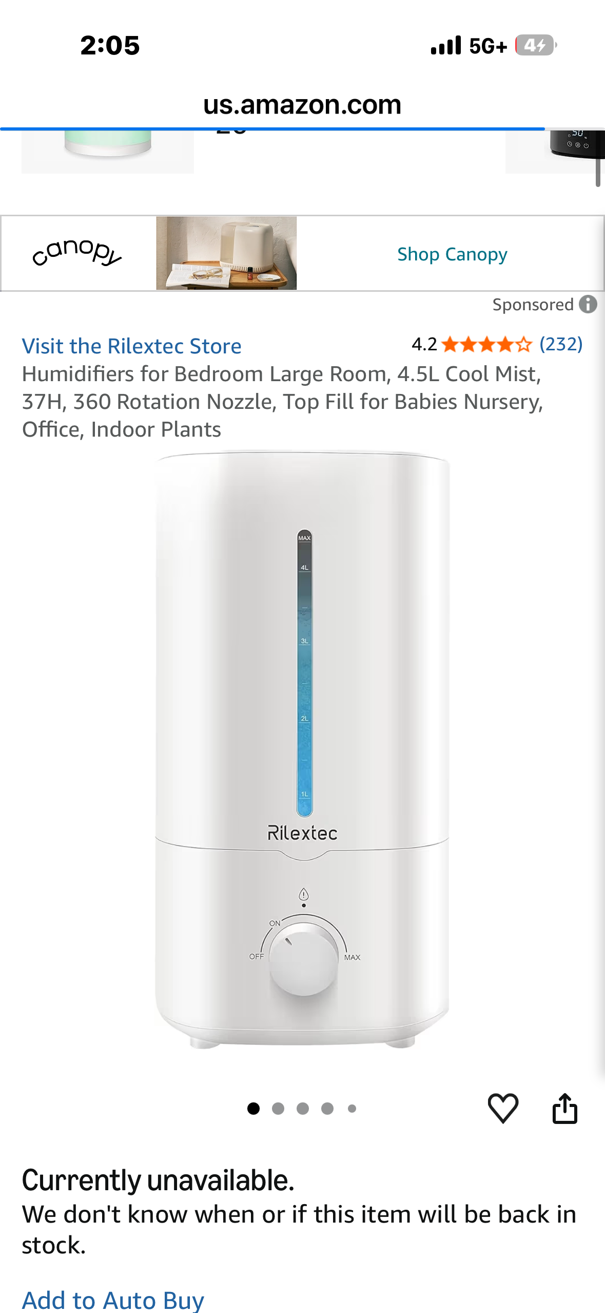 Rilextec Humidifier, 4.5L Cool Mist, 37H, 360 Rotation Nozzle, Top Fill for Babies Nursery, Office, Indoor Plants, Bedroom
