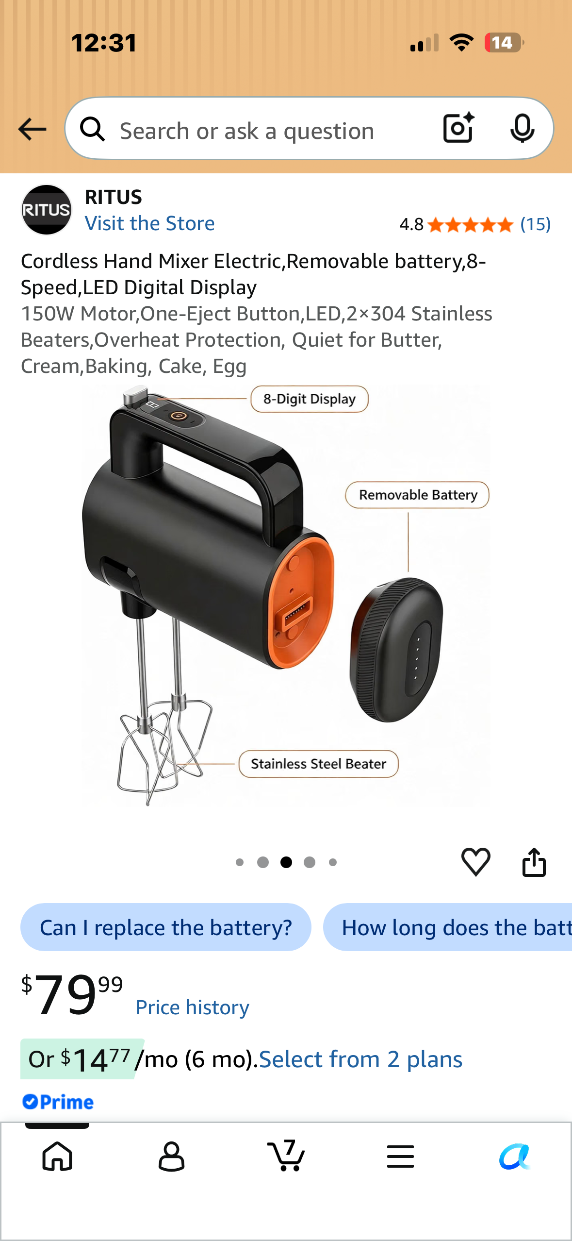 Cordless Electric Hand Mixer, Removable battery, 8-Speed, LED Digital Display, 150W Motor, One-Eject Button, LED,2×304, Stainless Beaters,Overheat Protection, Quiet