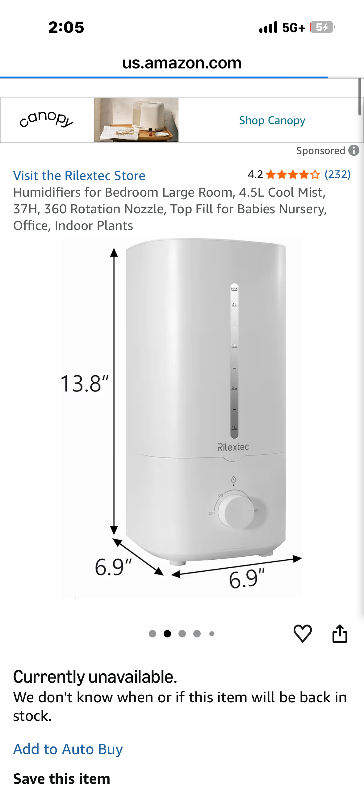 Rilextec Humidifier, 4.5L Cool Mist, 37H, 360 Rotation Nozzle, Top Fill for Babies Nursery, Office, Indoor Plants, Bedroom