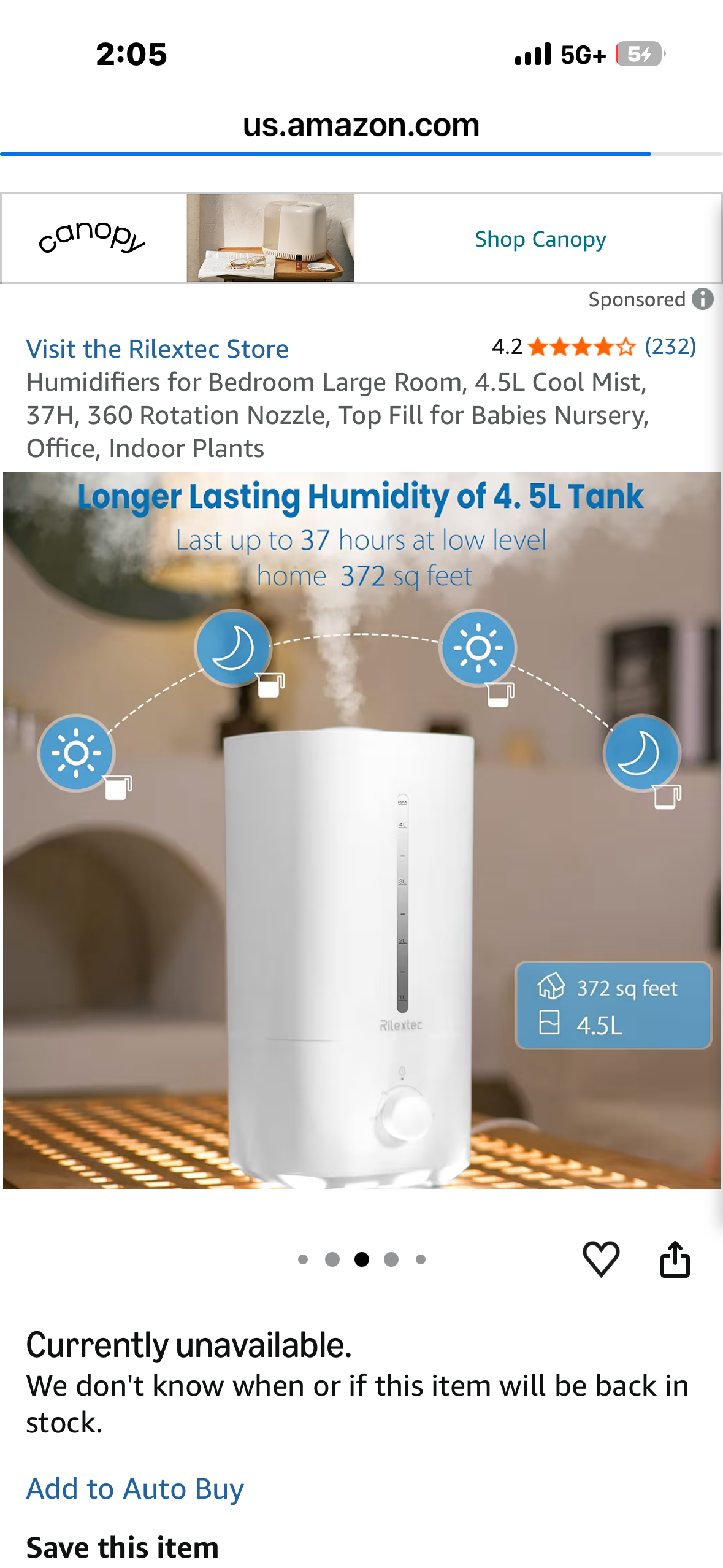 Rilextec Humidifier, 4.5L Cool Mist, 37H, 360 Rotation Nozzle, Top Fill for Babies Nursery, Office, Indoor Plants, Bedroom