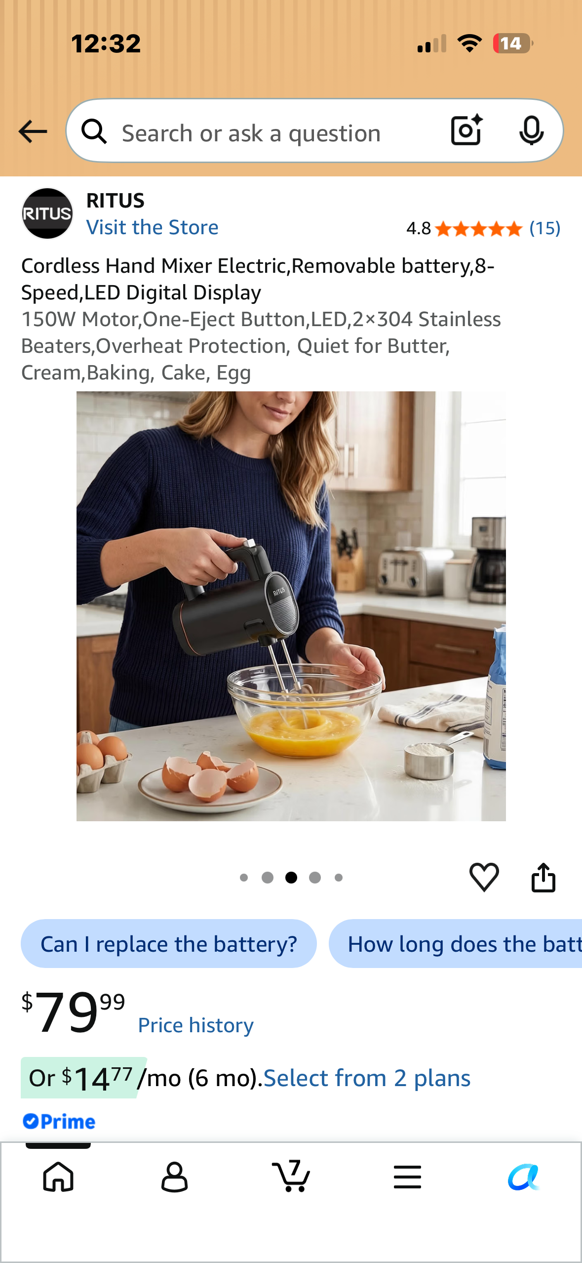 Cordless Electric Hand Mixer, Removable battery, 8-Speed, LED Digital Display, 150W Motor, One-Eject Button, LED,2×304, Stainless Beaters,Overheat Protection, Quiet