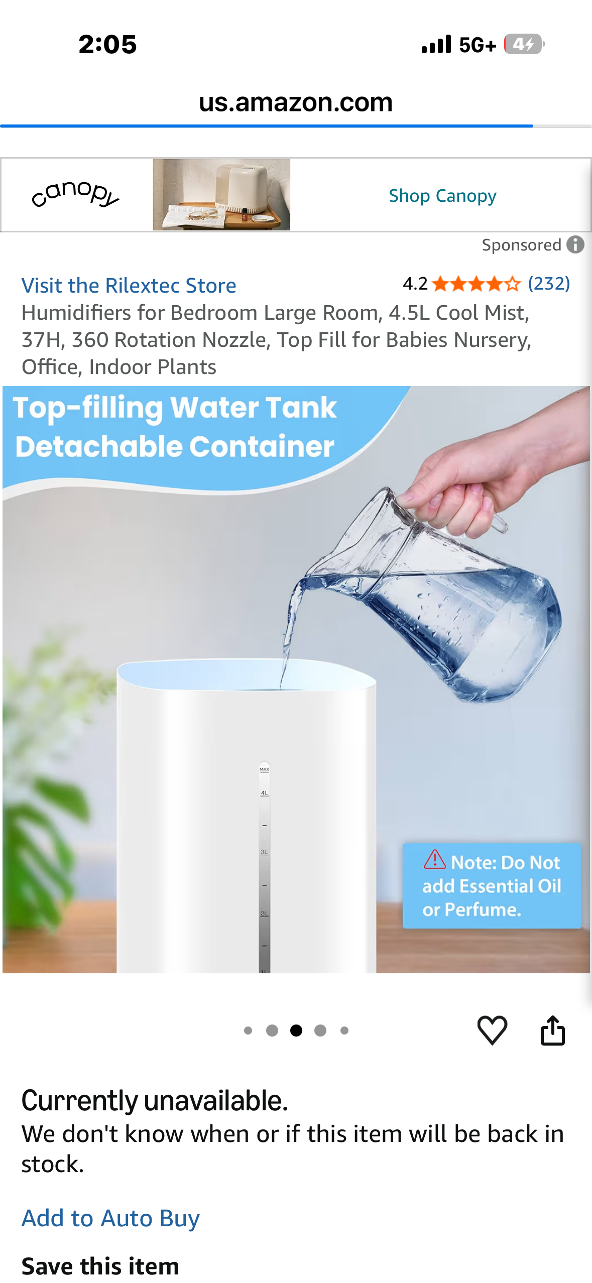 Rilextec Humidifier, 4.5L Cool Mist, 37H, 360 Rotation Nozzle, Top Fill for Babies Nursery, Office, Indoor Plants, Bedroom