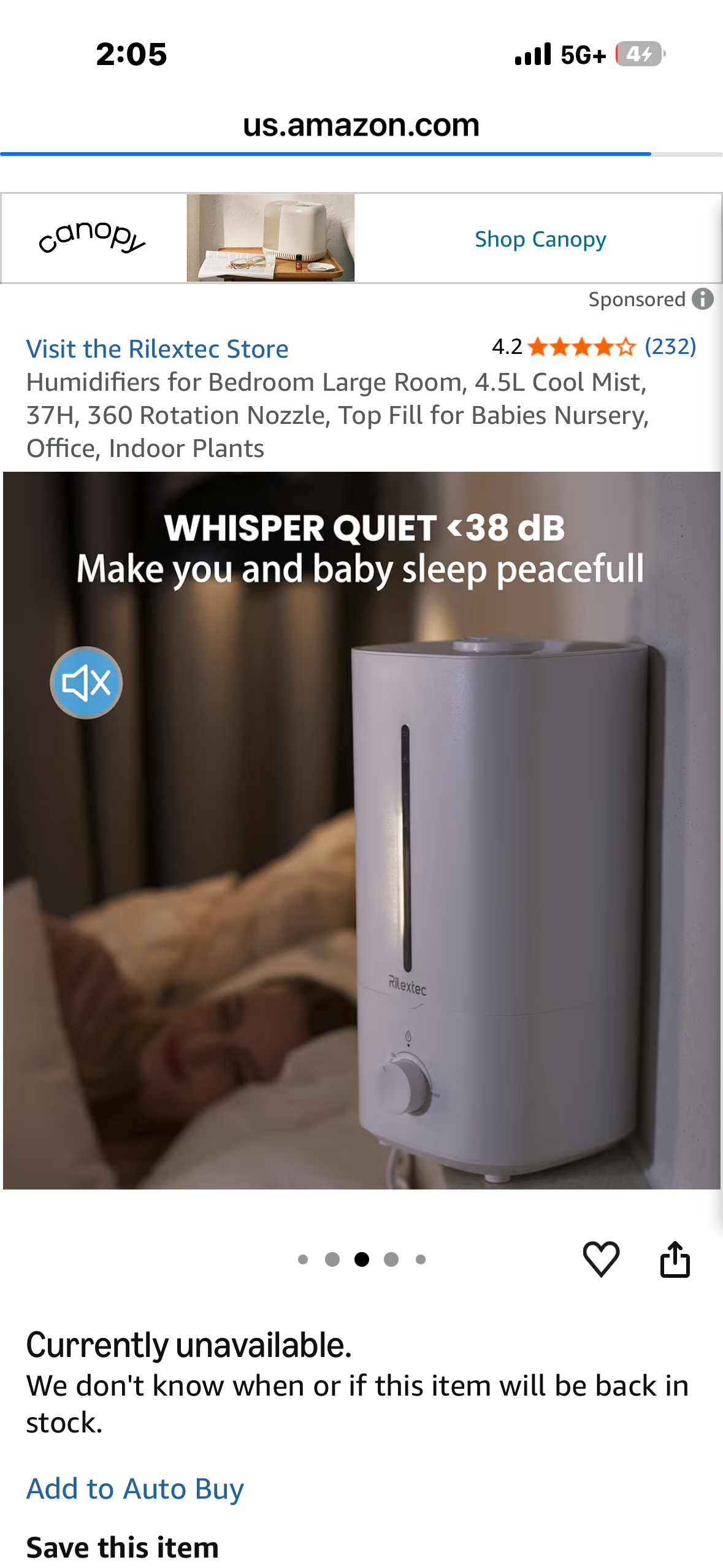 Rilextec Humidifier, 4.5L Cool Mist, 37H, 360 Rotation Nozzle, Top Fill for Babies Nursery, Office, Indoor Plants, Bedroom