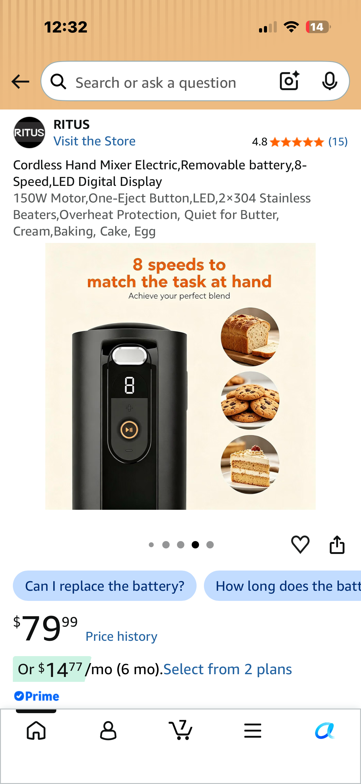 Cordless Electric Hand Mixer, Removable battery, 8-Speed, LED Digital Display, 150W Motor, One-Eject Button, LED,2×304, Stainless Beaters,Overheat Protection, Quiet