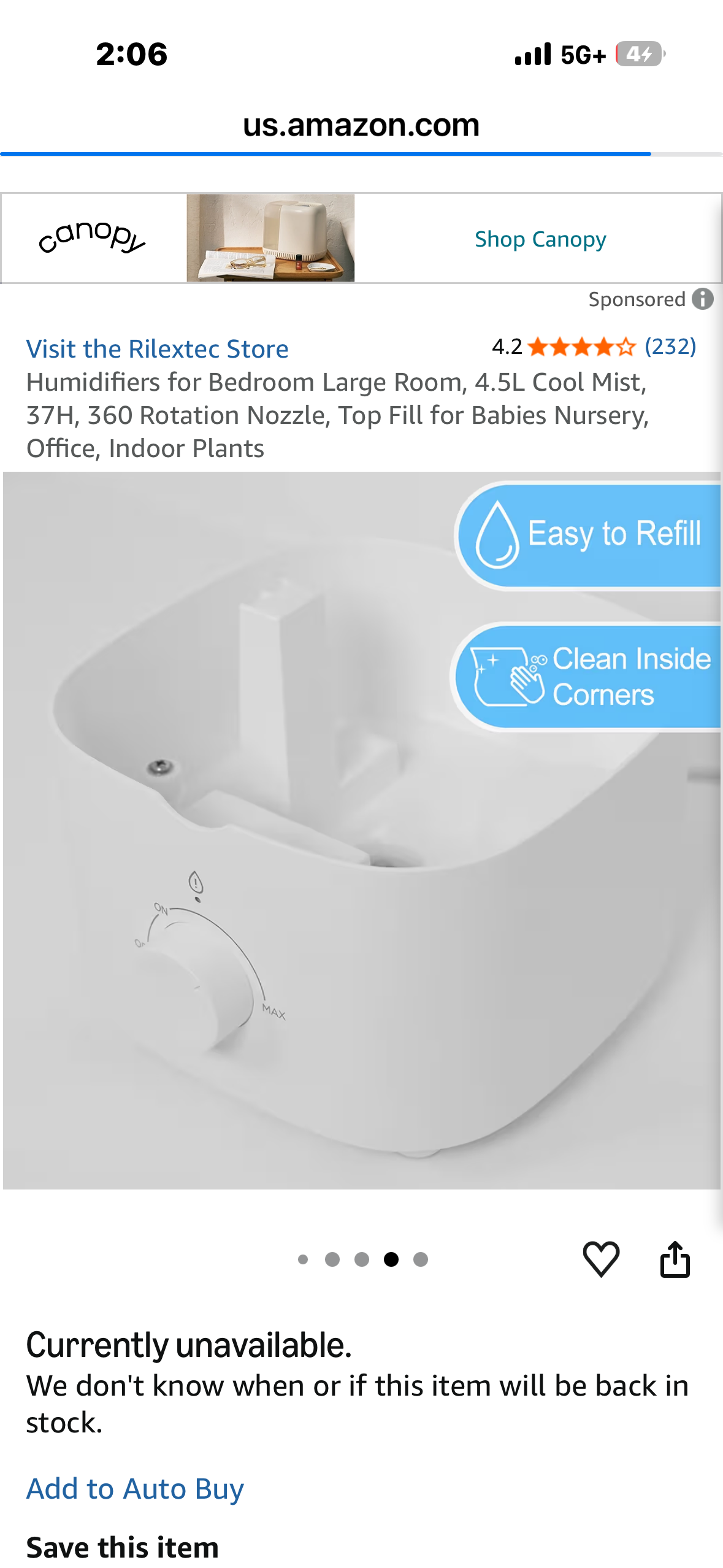 Rilextec Humidifier, 4.5L Cool Mist, 37H, 360 Rotation Nozzle, Top Fill for Babies Nursery, Office, Indoor Plants, Bedroom