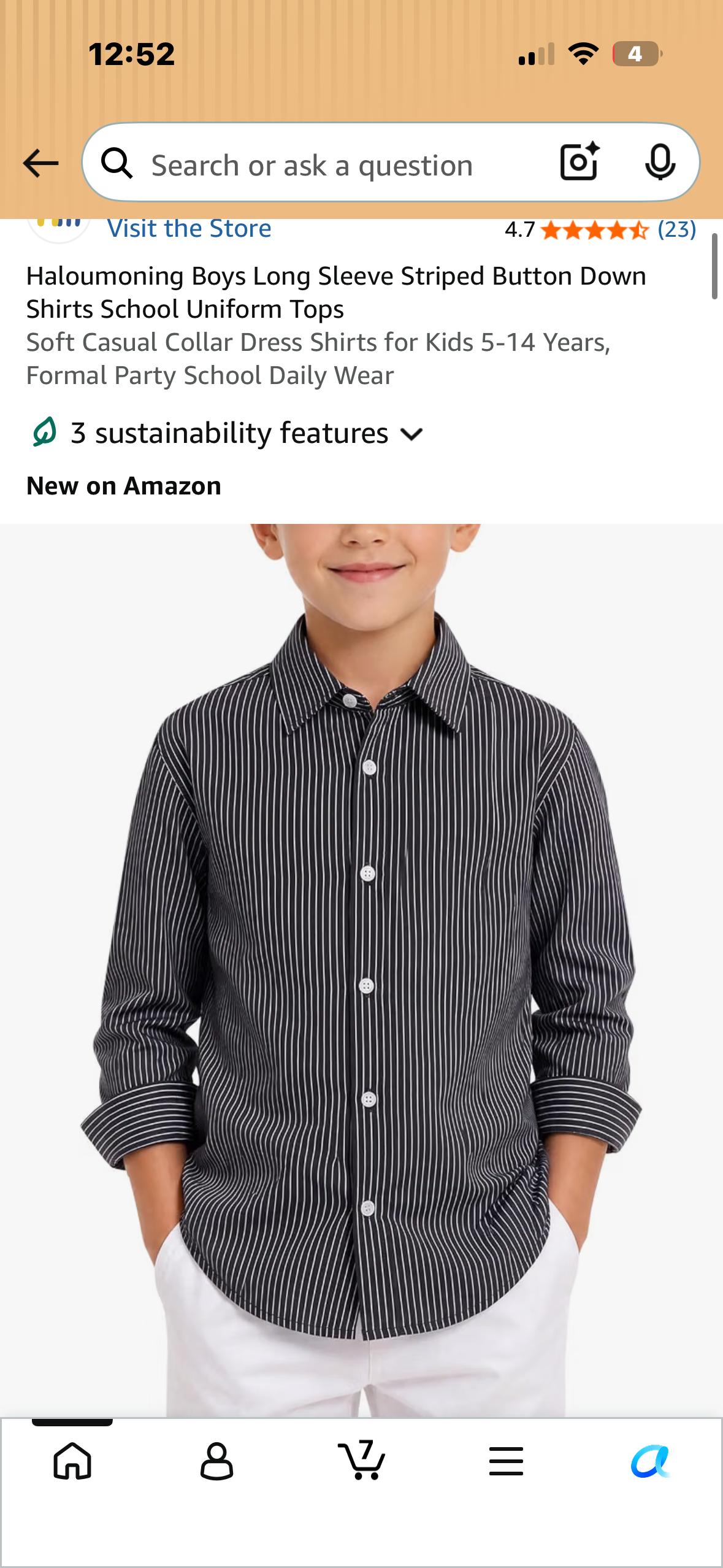 Boys Long Sleeve Striped Button Down Shirt, Casual Collar Dress Shirt (Size Small, approx age 7-8)