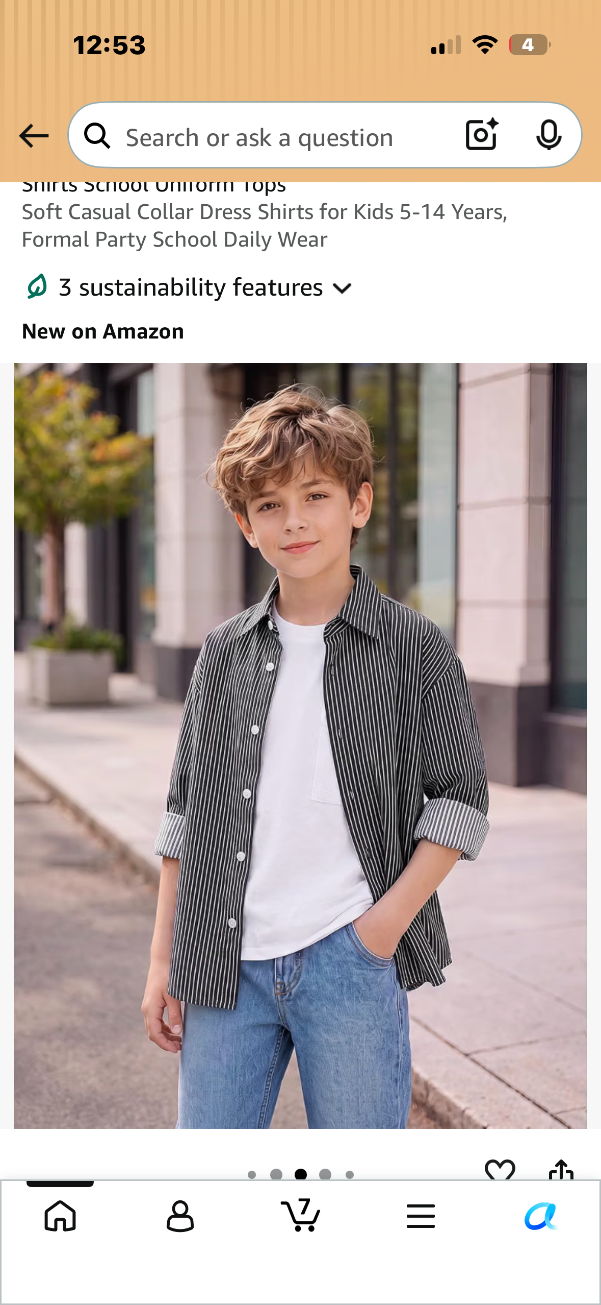 Boys Long Sleeve Striped Button Down Shirt, Casual Collar Dress Shirt (Size Small, approx age 7-8)