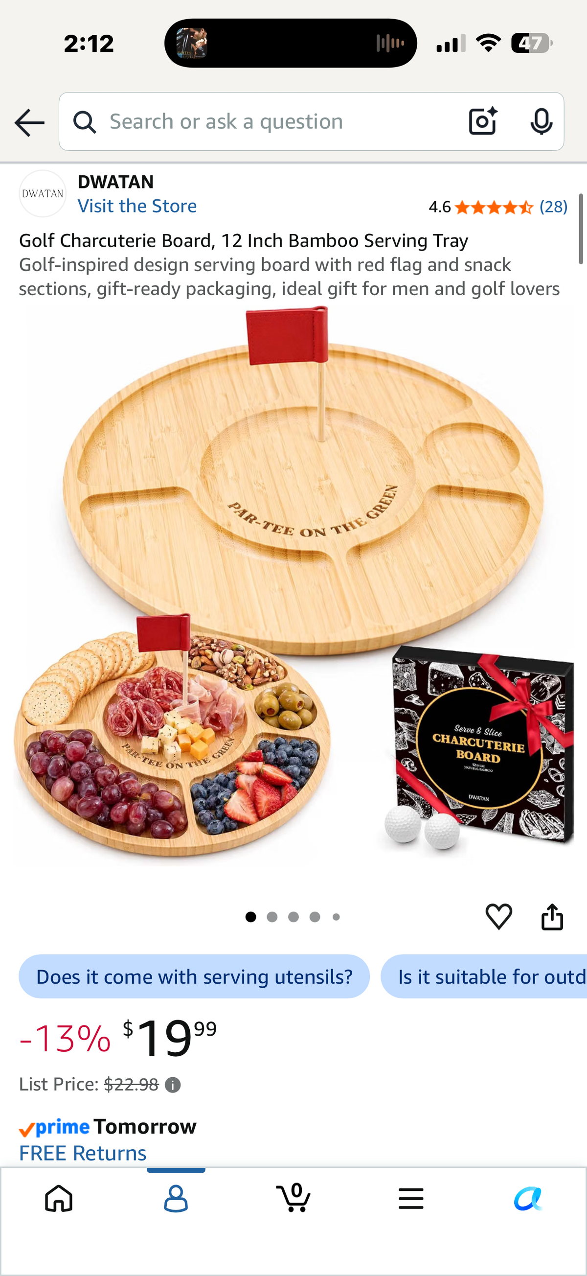 Golf Charcuterie Board, 12 Inch Bamboo Serving Tray