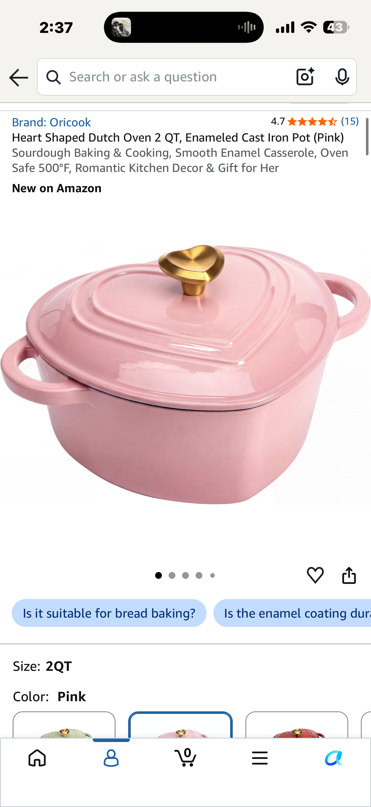 Heart Shaped Dutch Oven 2 QT, Enameled Cast Iron Pot (Pink) Sourdough Baking & Cooking, Smooth Enamel Casserole, Oven Safe 500°F