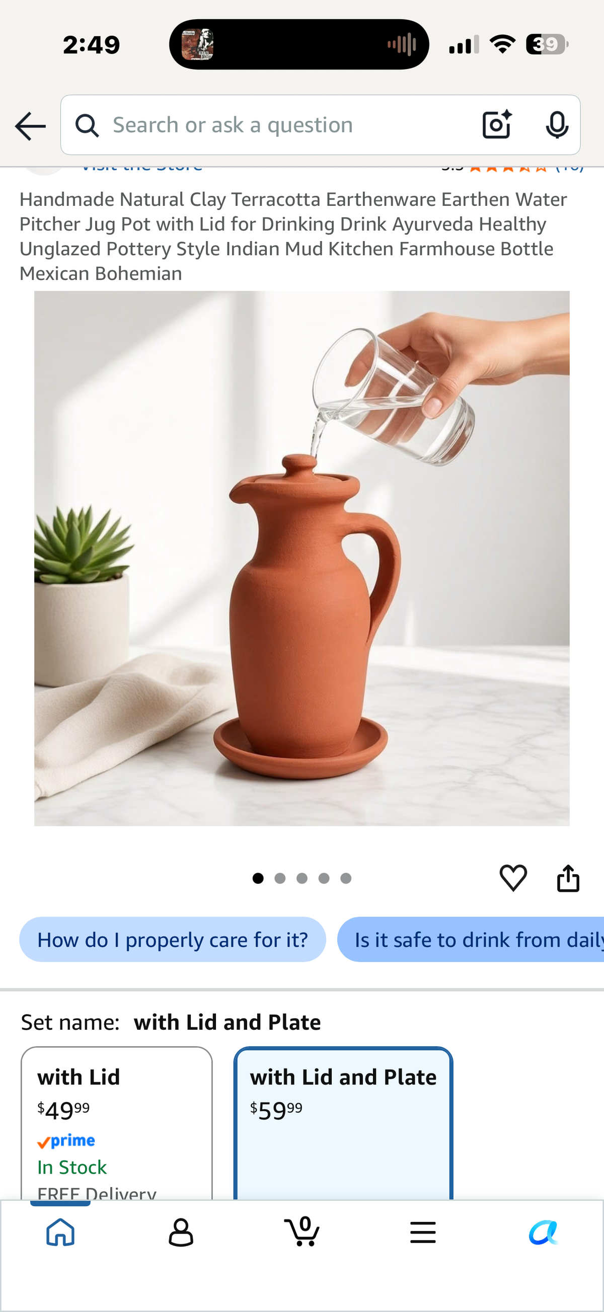 Handmade Natural Clay Terracotta Earthenware Earthen Water Pitcher Jug Pot with Lid for Drinking Drink Ayurveda Healthy Unglazed Pottery Style Indian Mud Kitchen Farmhouse Bottle Mexican Bohemian