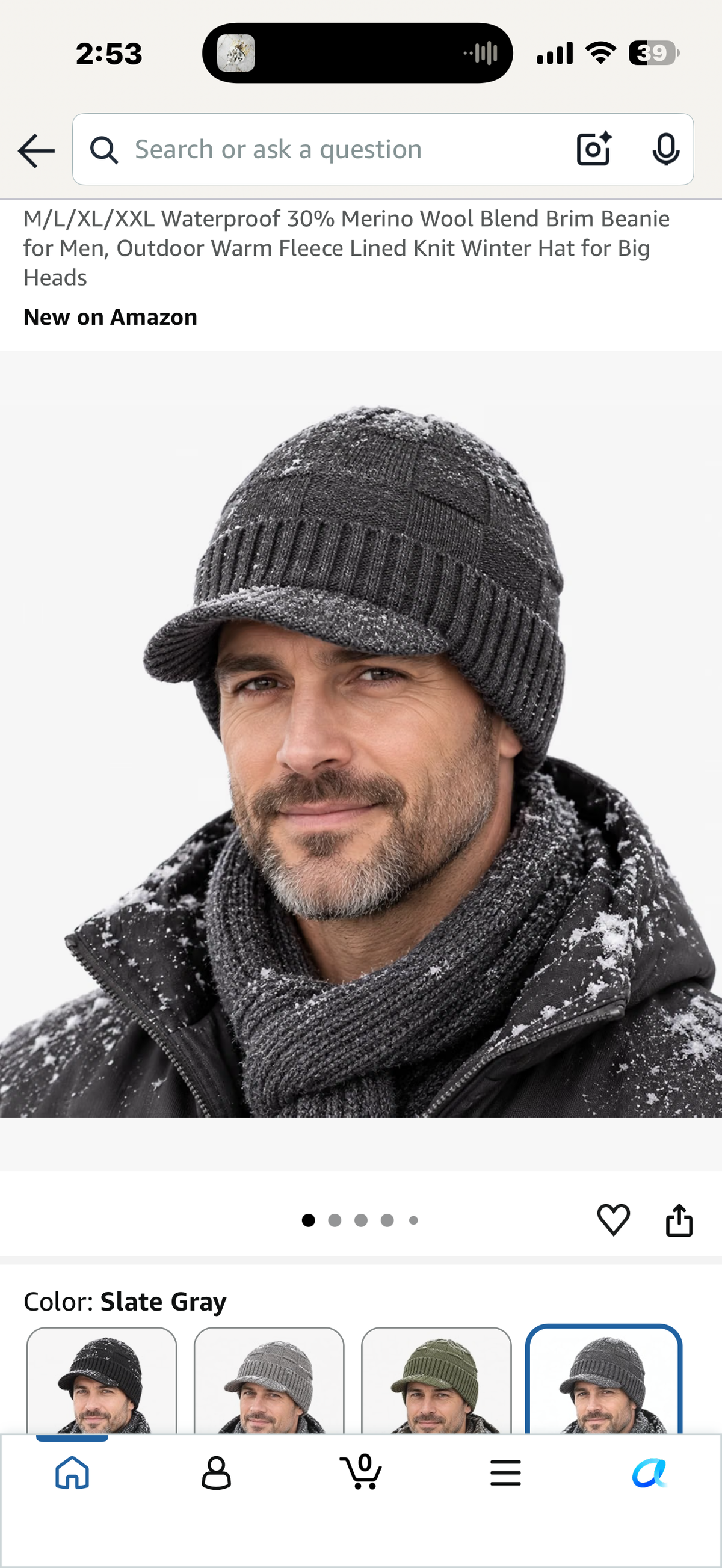 Waterproof 30% Merino Wool Blend Brim Beanie for Men, Outdoor Warm Fleece Lined Knit Winter Hat for Big Heads