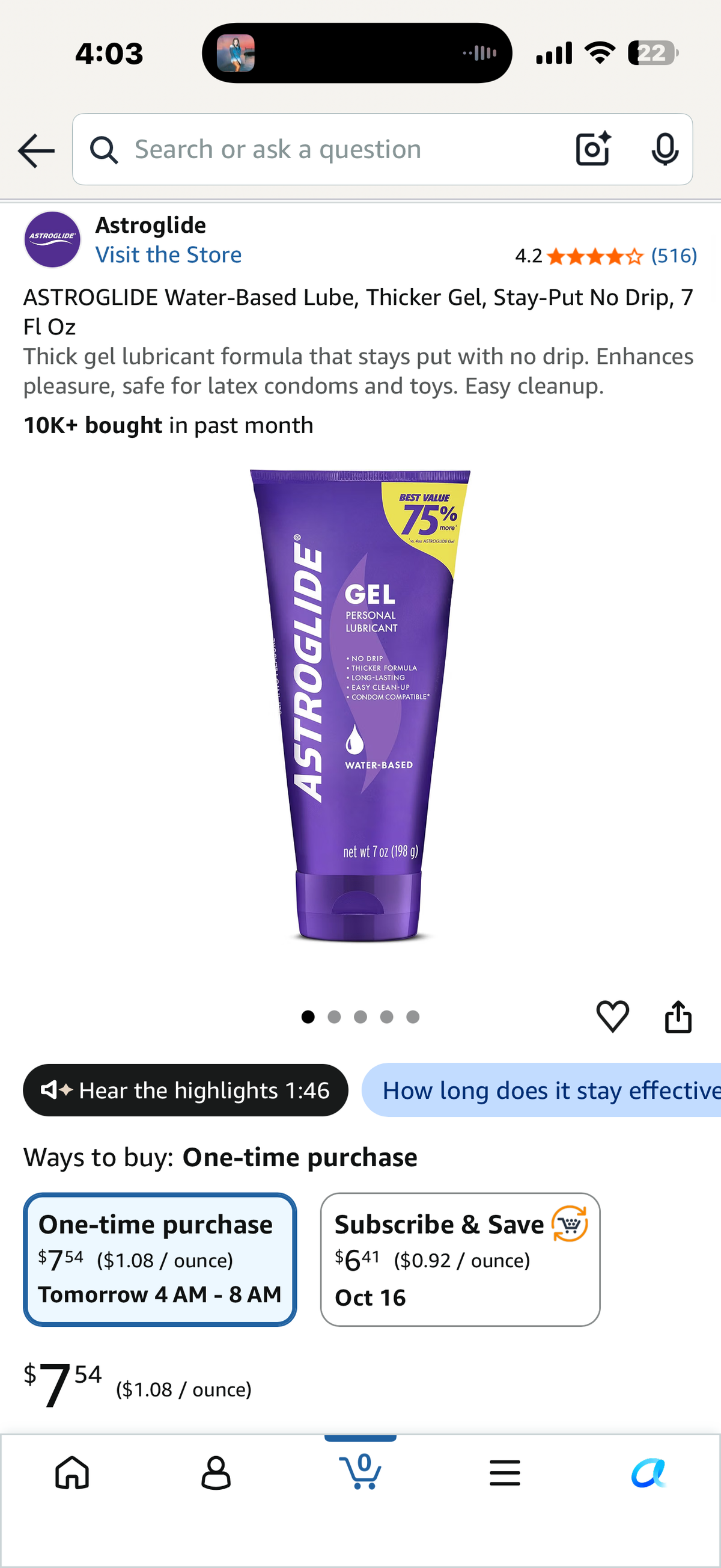 ASTROGLIDE Water-Based Lube, Thicker Gel, Stay-Put No Drip, 7 Fl Oz