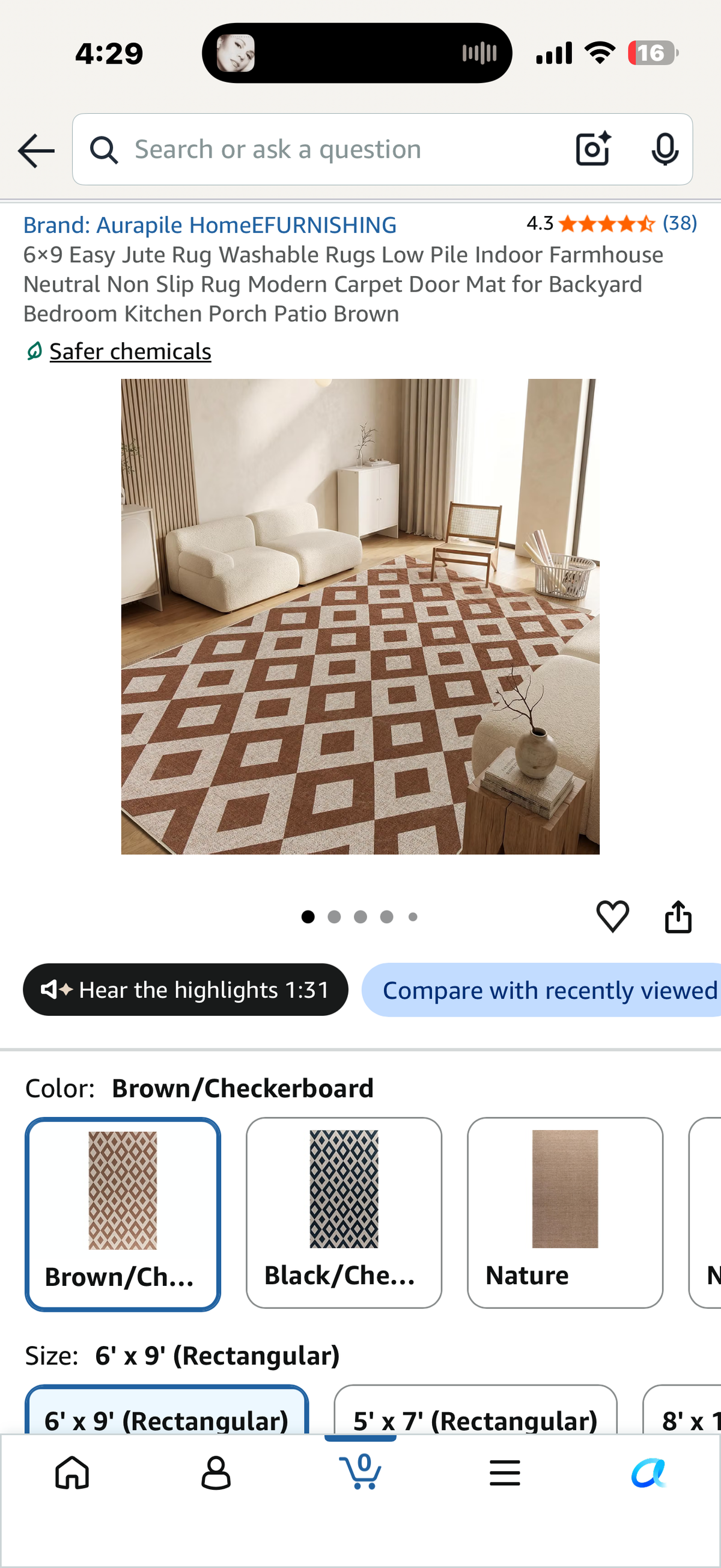 6×9 Easy Jute Rug Washable Rugs Low Pile Indoor Farmhouse Neutral Non Slip Rug Modern Carpet Door Mat for Backyard Bedroom Kitchen Porch Patio Brown