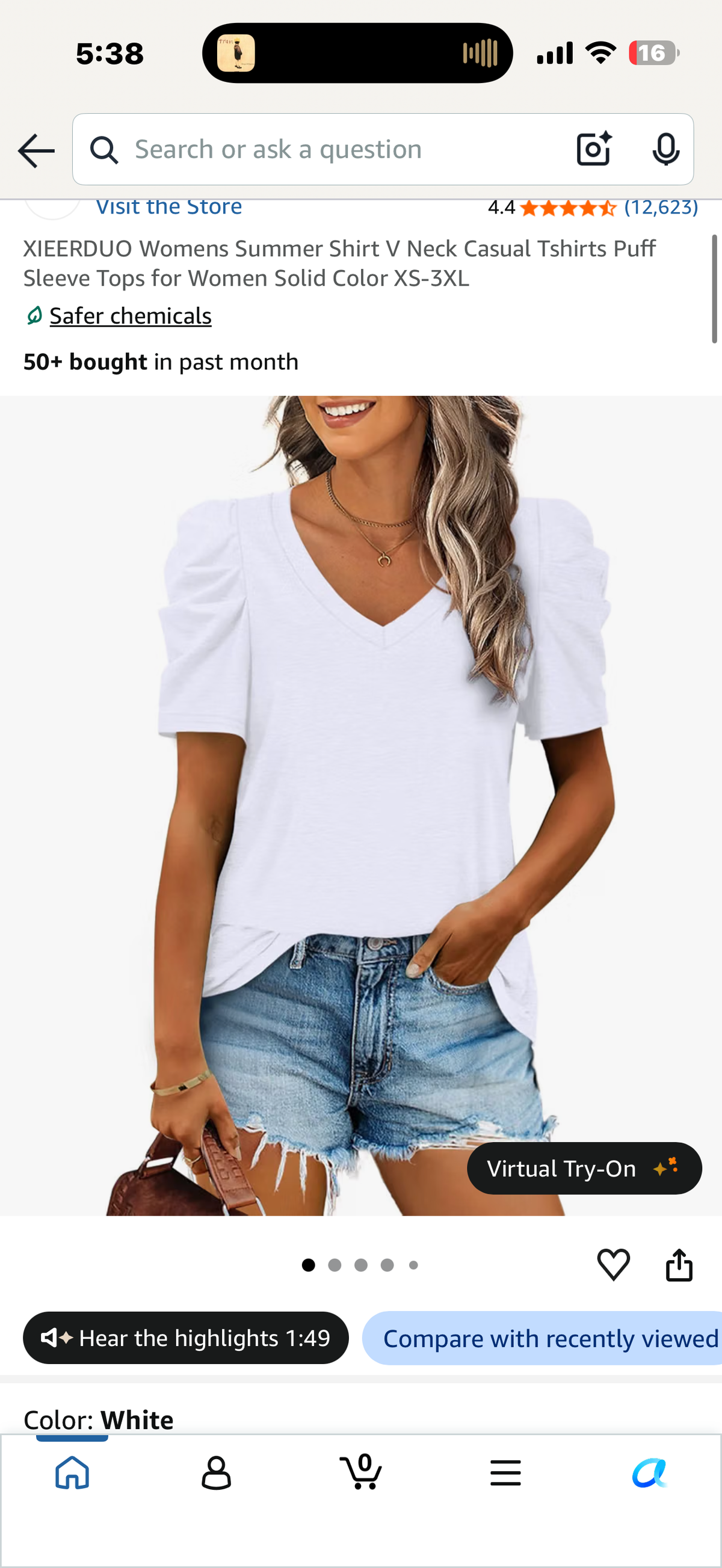 Womens Summer Shirt V Neck Casual Tshirts Puff Sleeve Tops (White, Large)