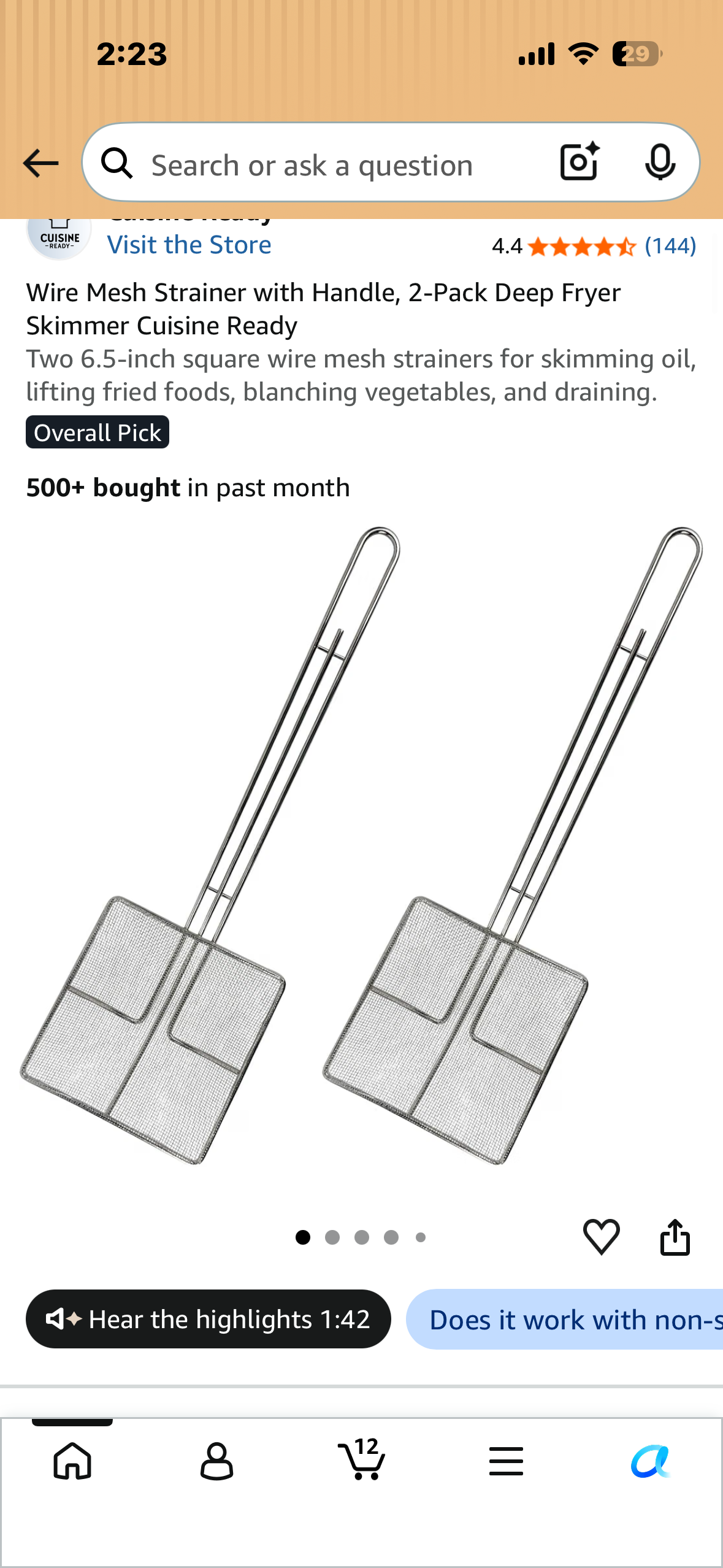 Wire Mesh Strainer with Handle, 2-Pack Deep Fryer Skimmer Cuisine Ready Two 6.5-inch square wire mesh strainers for skimming oil, lifting fried foods, blanching vegetables, and draining.
