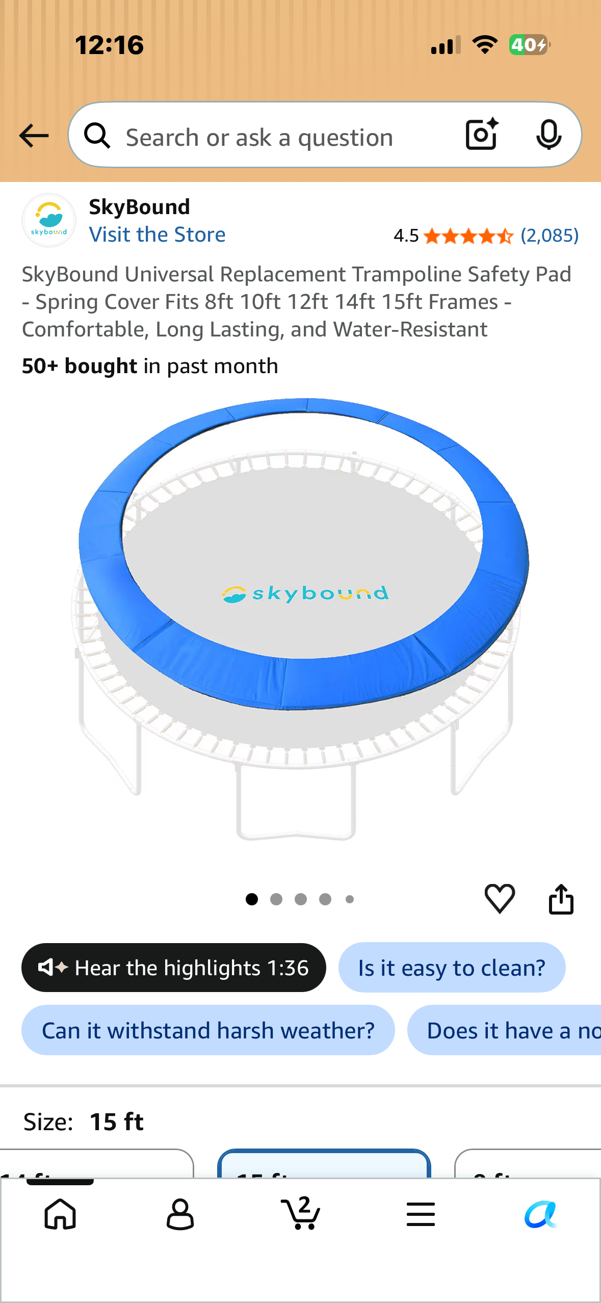 SkyBound Universal Replacement Trampoline Safety Pad - Spring Cover Fits 15’ Frames - Comfortable, Long Lasting, and Water-Resistant
