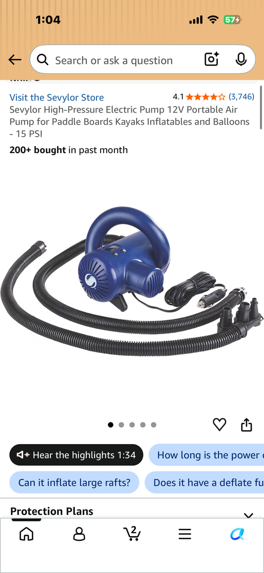 Sevylor High-Pressure Electric Pump 12V Portable Air Pump for Paddle Boards Kayaks Inflatables and Balloons - 15 PSI