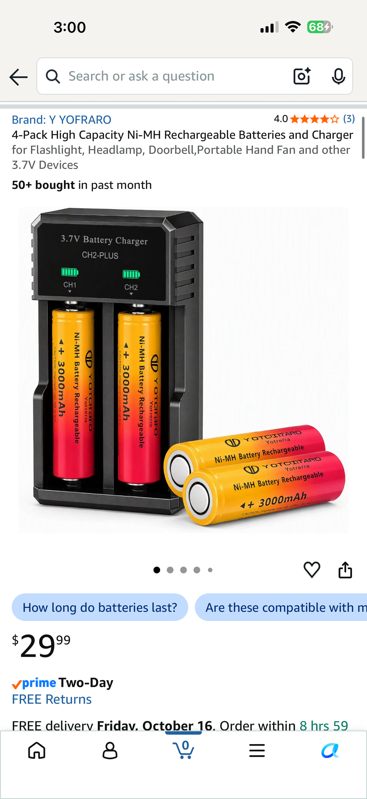 4-Pack High Capacity Ni-MH Rechargeable Batteries and Charger