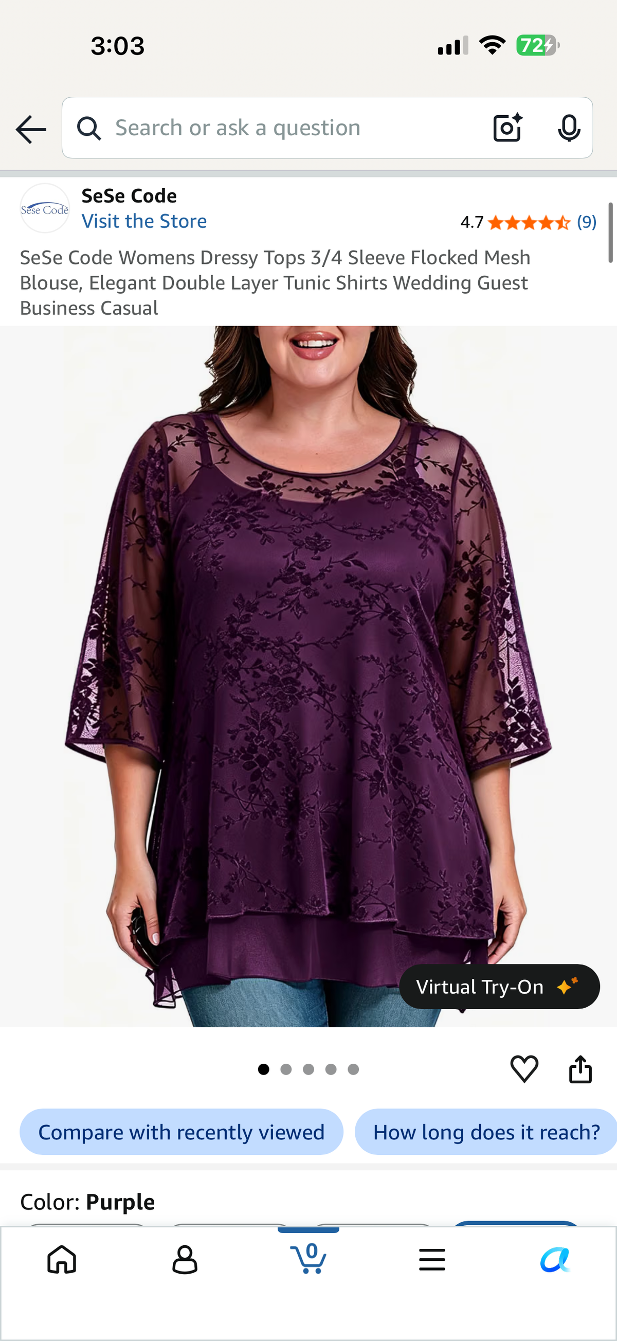 SeSe Code Womens Dressy Tops 3/4 Sleeve Flocked Mesh Blouse, Elegant Double Layer Tunic Shirts Wedding Guest Business Casual (Size XL)