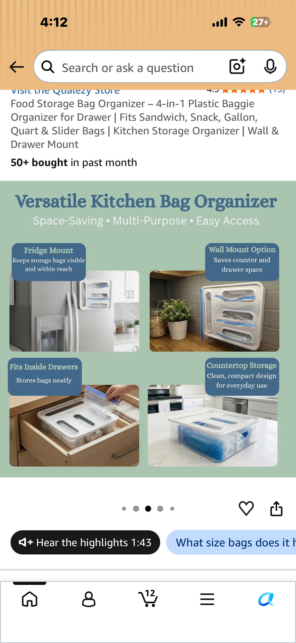 Ziplock Bag Organizer 4 Compartment Food Storage Bag Holder Locking Lid