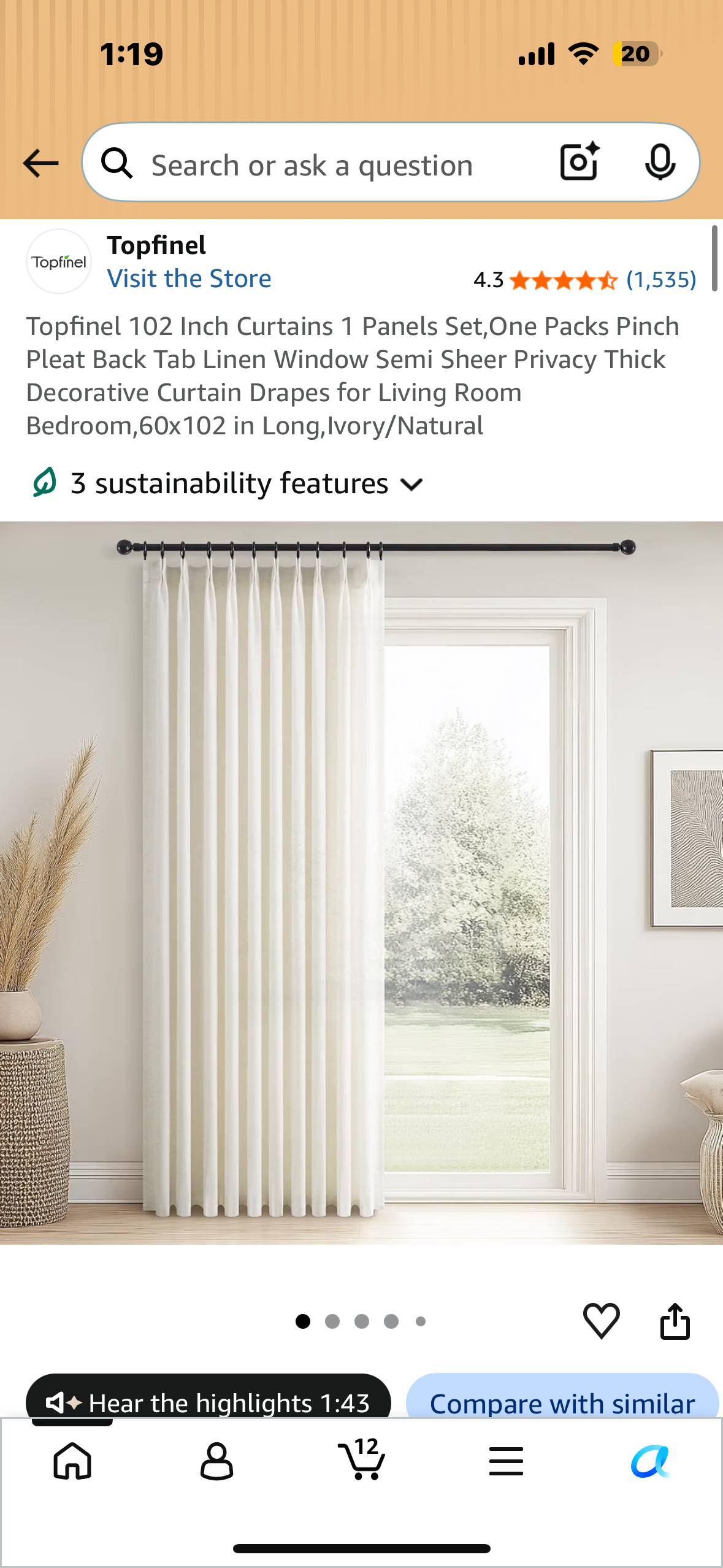 Topfinel 102” Curtain, 1 Panel Set, Pinch Pleat, Semi Sheer Privacy, Thick Decorative Drape for Living Room, Bedroom 60x102 in Long,Ivory/Natural
