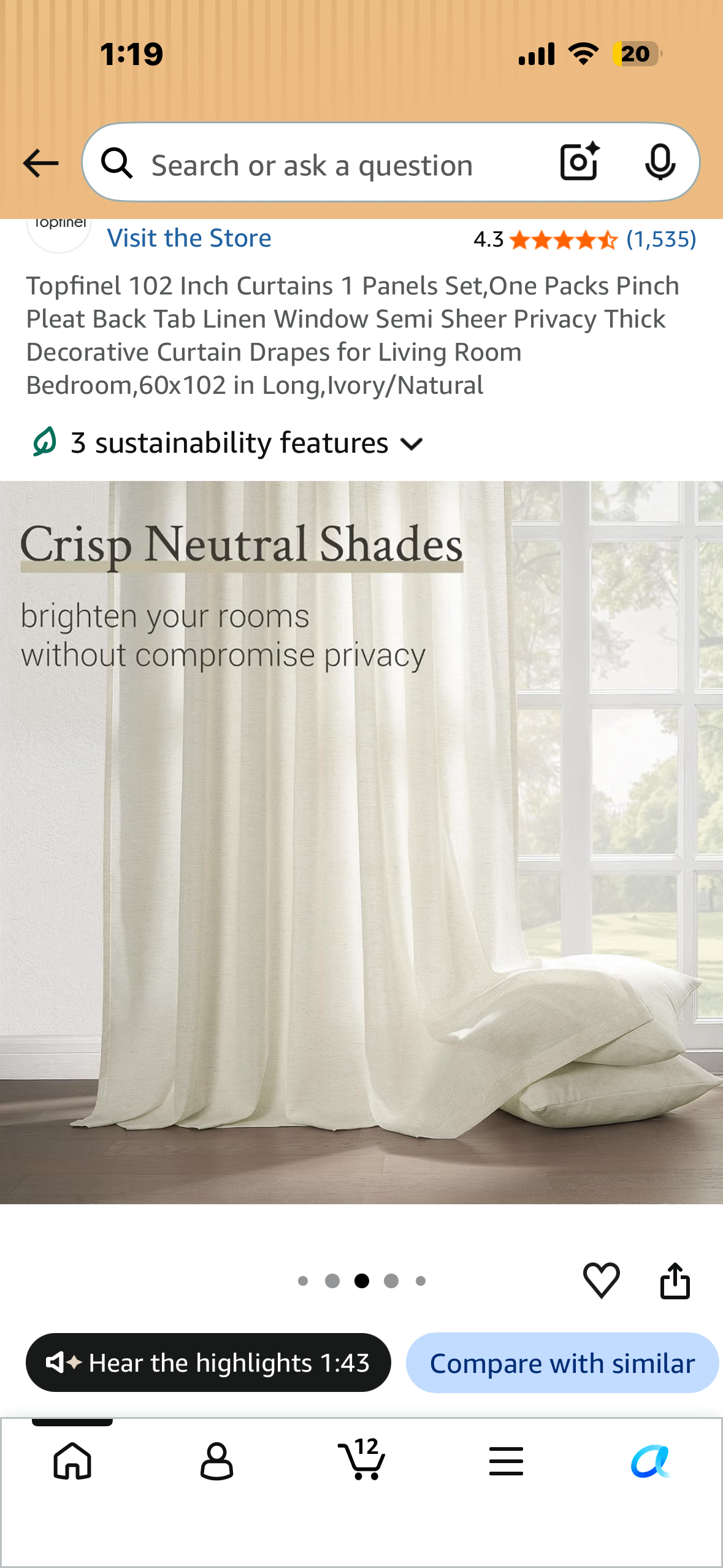 Topfinel 102” Curtain, 1 Panel Set, Pinch Pleat, Semi Sheer Privacy, Thick Decorative Drape for Living Room, Bedroom 60x102 in Long,Ivory/Natural