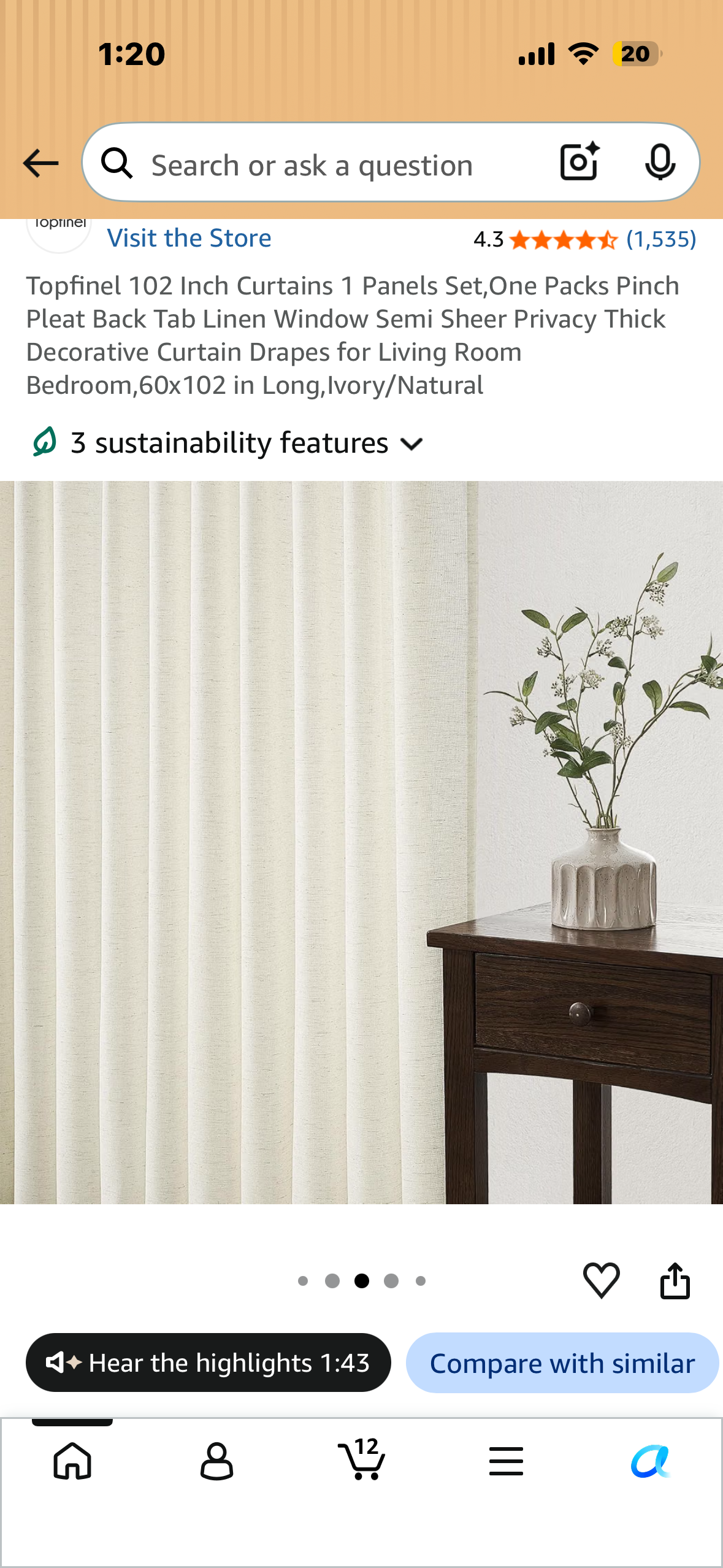 Topfinel 102” Curtain, 1 Panel Set, Pinch Pleat, Semi Sheer Privacy, Thick Decorative Drape for Living Room, Bedroom 60x102 in Long,Ivory/Natural