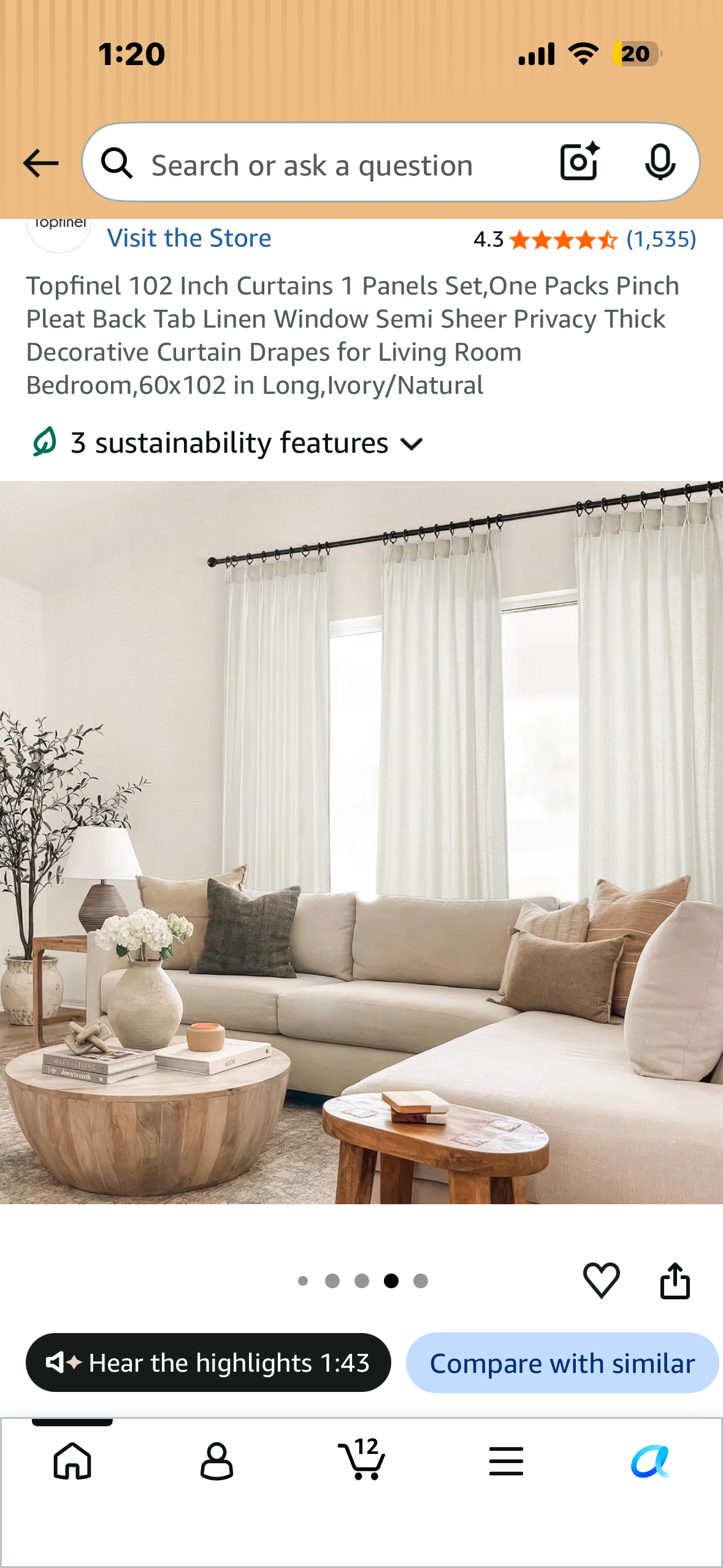 Topfinel 102” Curtain, 1 Panel Set, Pinch Pleat, Semi Sheer Privacy, Thick Decorative Drape for Living Room, Bedroom 60x102 in Long,Ivory/Natural