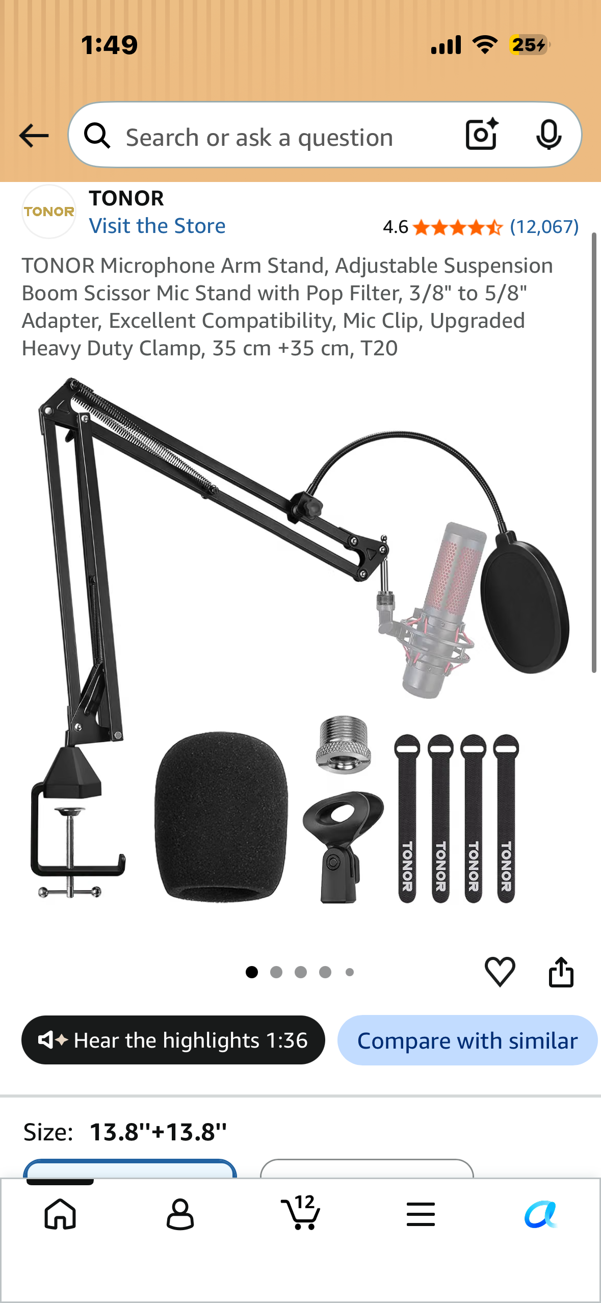 TONOR Microphone Arm Stand, Adjustable Suspension Boom Scissor Mic Stand with Pop Filter, 3/8" to 5/8" Adapter, Excellent Compatibility, Mic Clip, Upgraded Heavy Duty Clamp, 35 cm +35 cm, T20